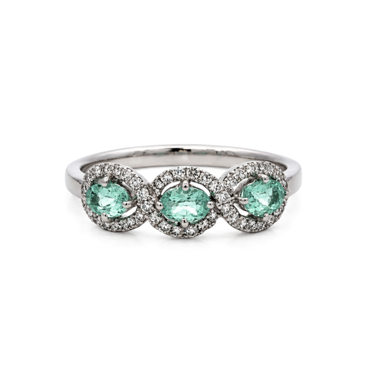 18K White Gold 0.56CTW. Paraiba Tourmaline and 0.20CTW. Diamond Halo 3-Stone Band