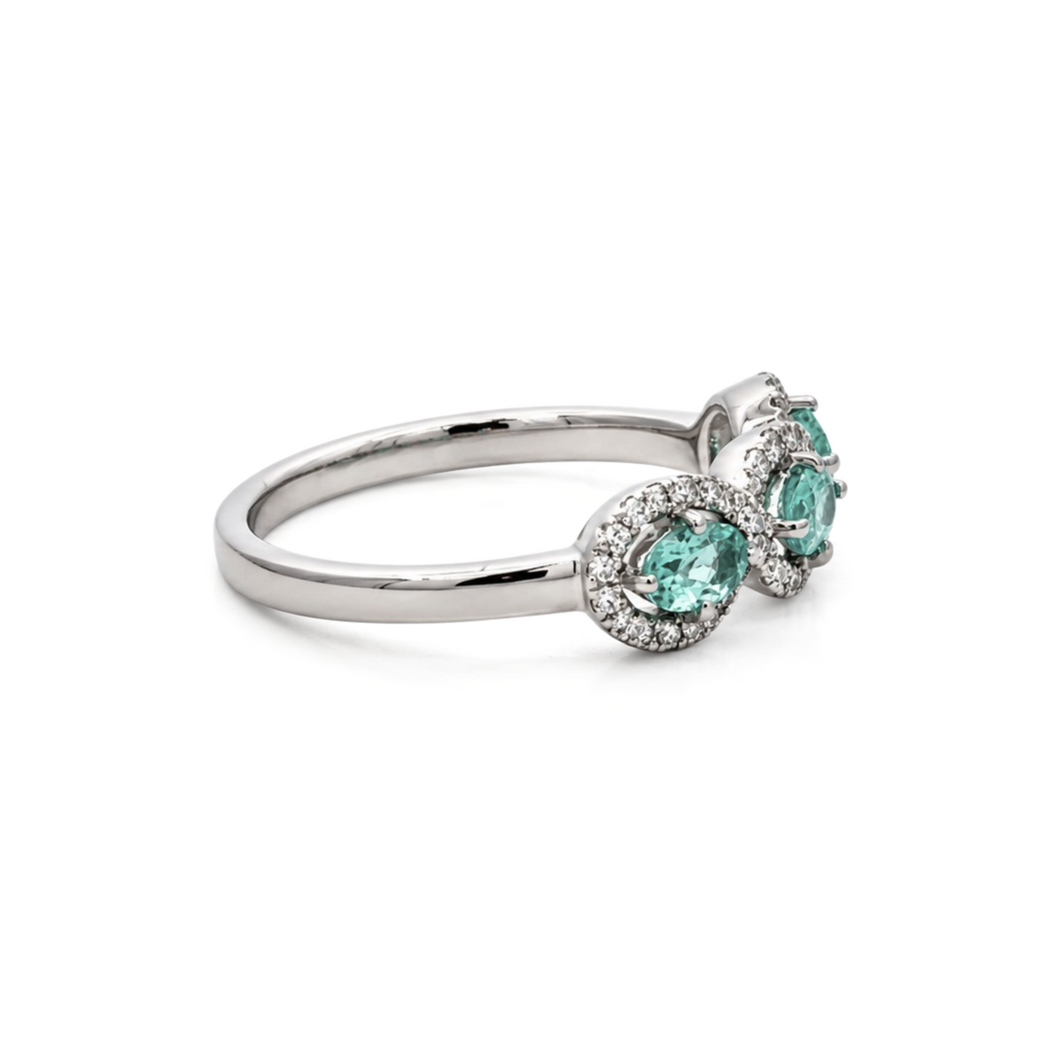 18K White Gold 0.56CTW. Paraiba Tourmaline and 0.20CTW. Diamond Halo 3-Stone Band