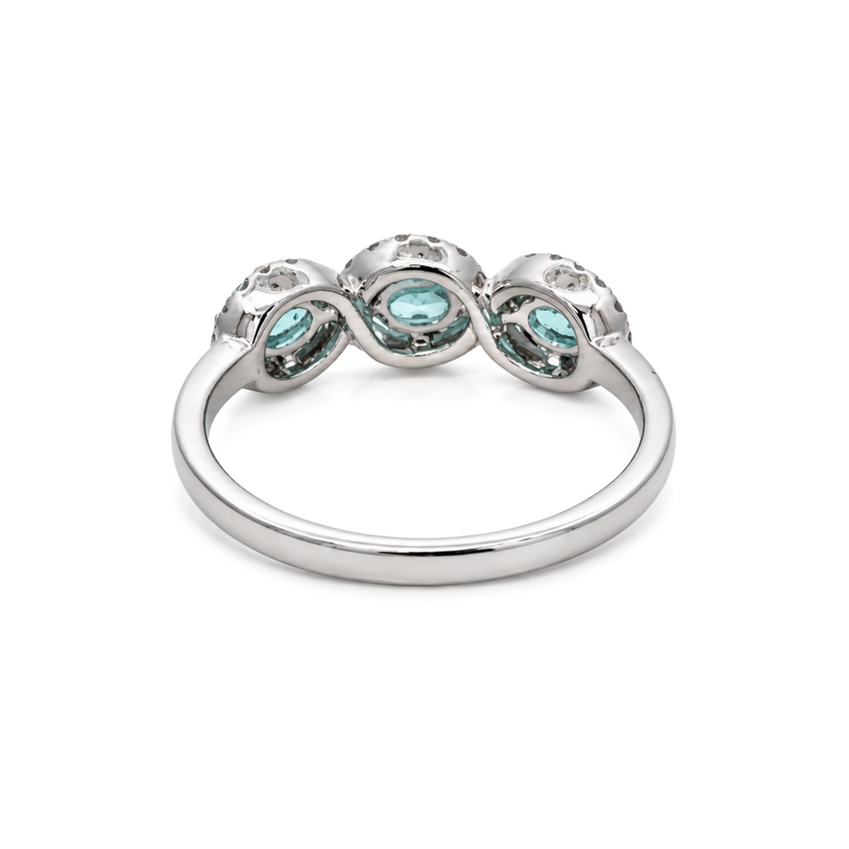 18K White Gold 0.56CTW. Paraiba Tourmaline and 0.20CTW. Diamond Halo 3-Stone Band