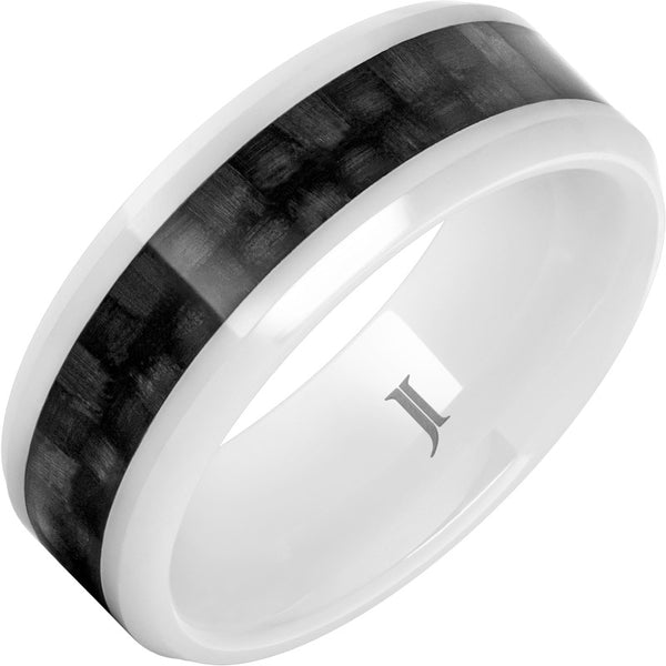 Men's 8MM White Ceramic Ring with Black Carbon Fiber Inlay