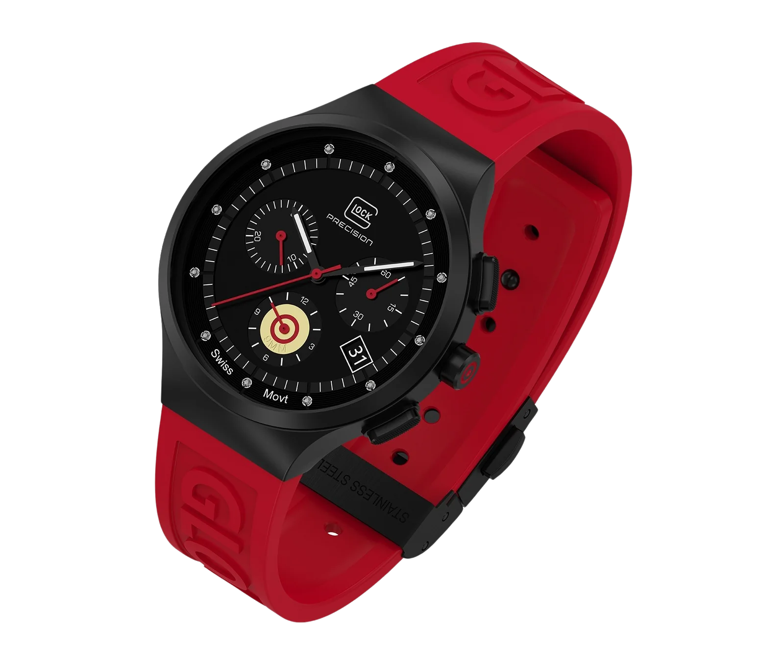 Black Stainless Steel With Red Silicone Strap Glock Watch