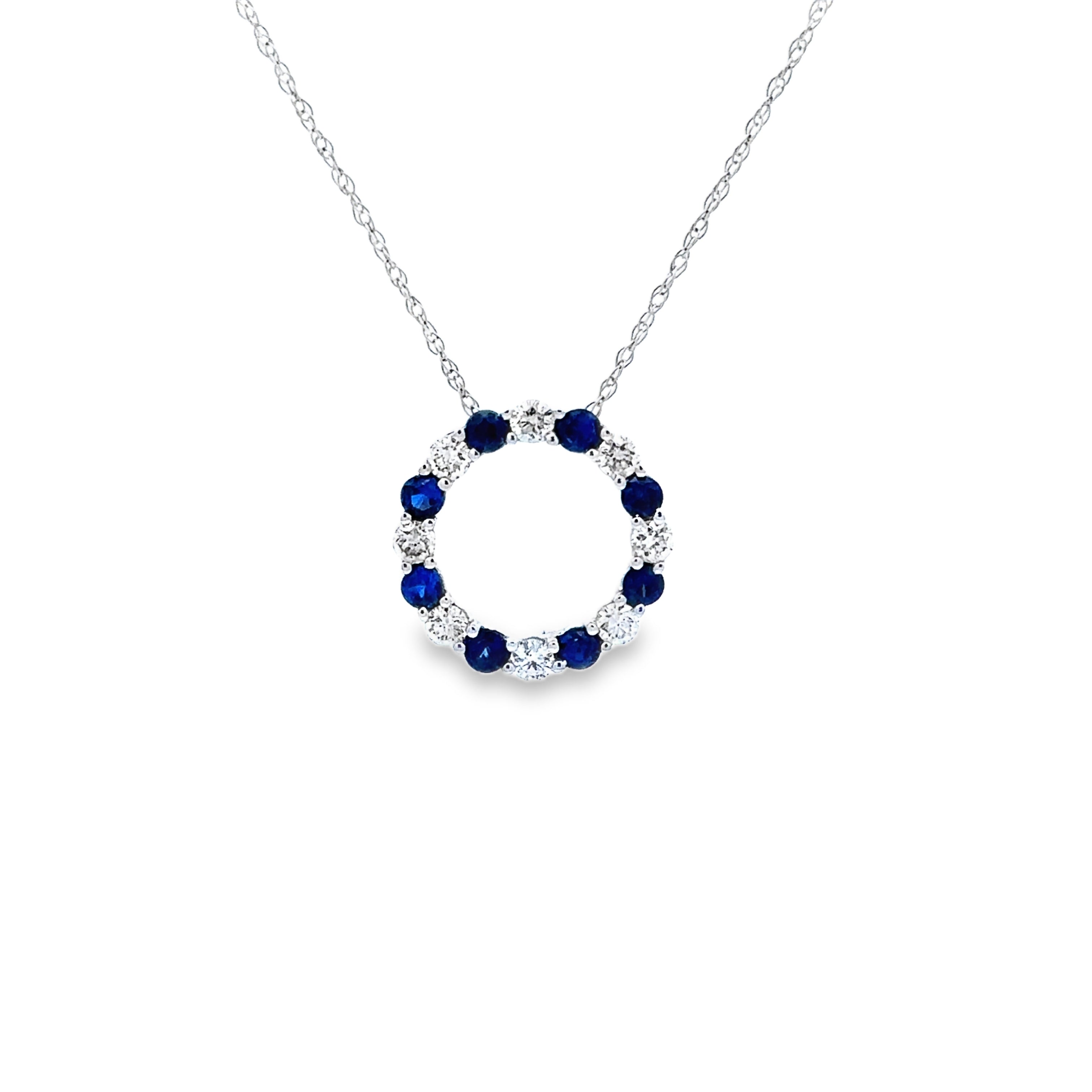 14K White Gold Sapphire & Diamond Open Circle Slide Pendant Necklace