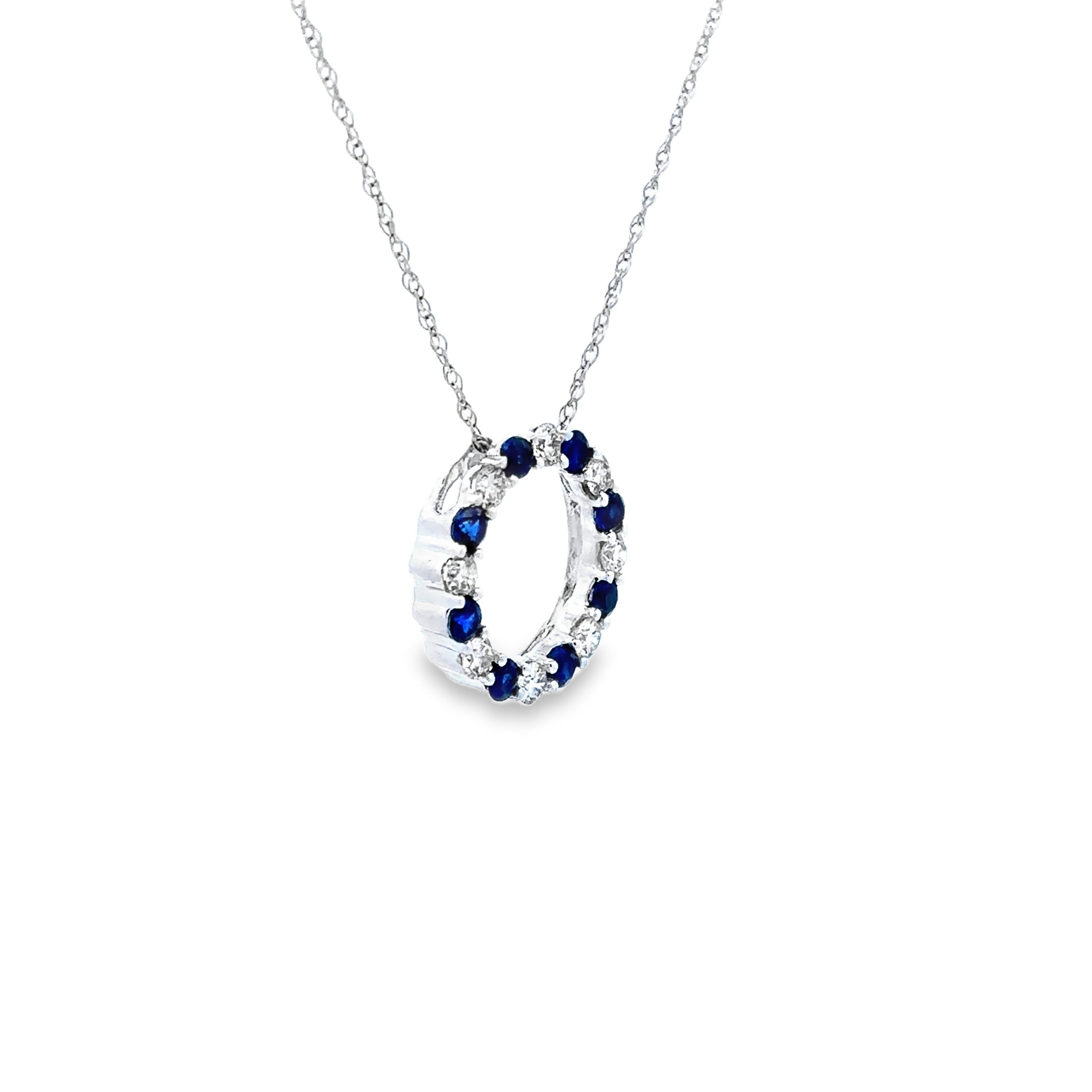 14K White Gold Sapphire & Diamond Open Circle Slide Pendant Necklace