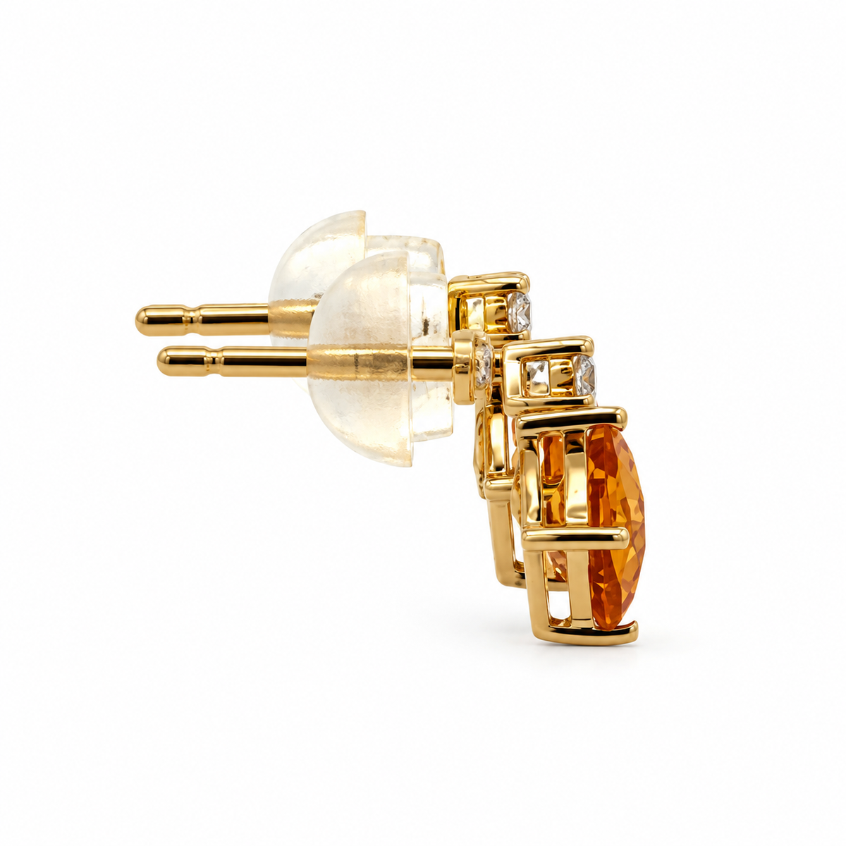 Side view of 14K yellow gold citrine and diamond earrings with open gold settings, diamond tops, straight posts and clear push backs.