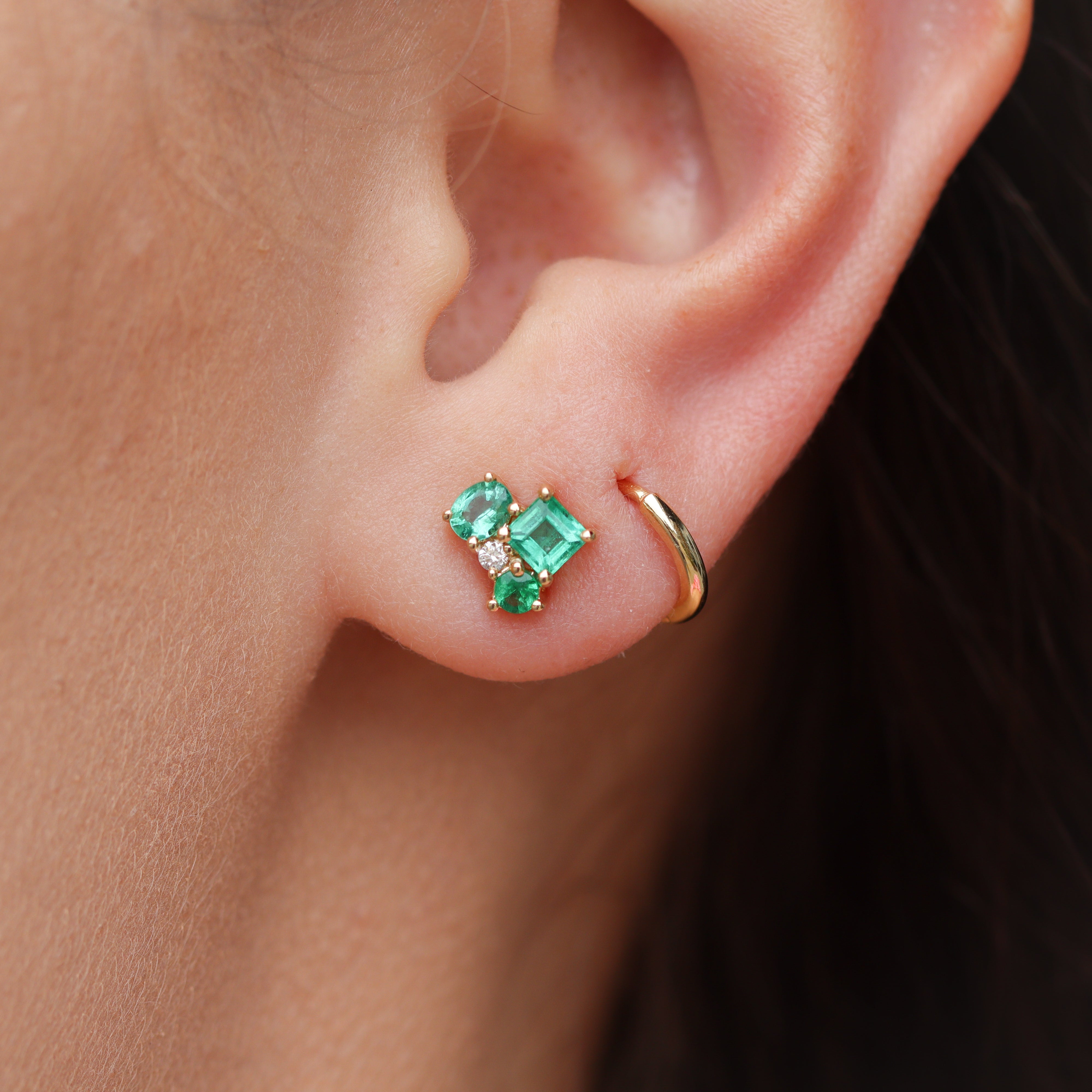 14K Yellow Gold 0.85CTW. Emerald & 0.045CTW. Diamond Cluster Stud Earrings
