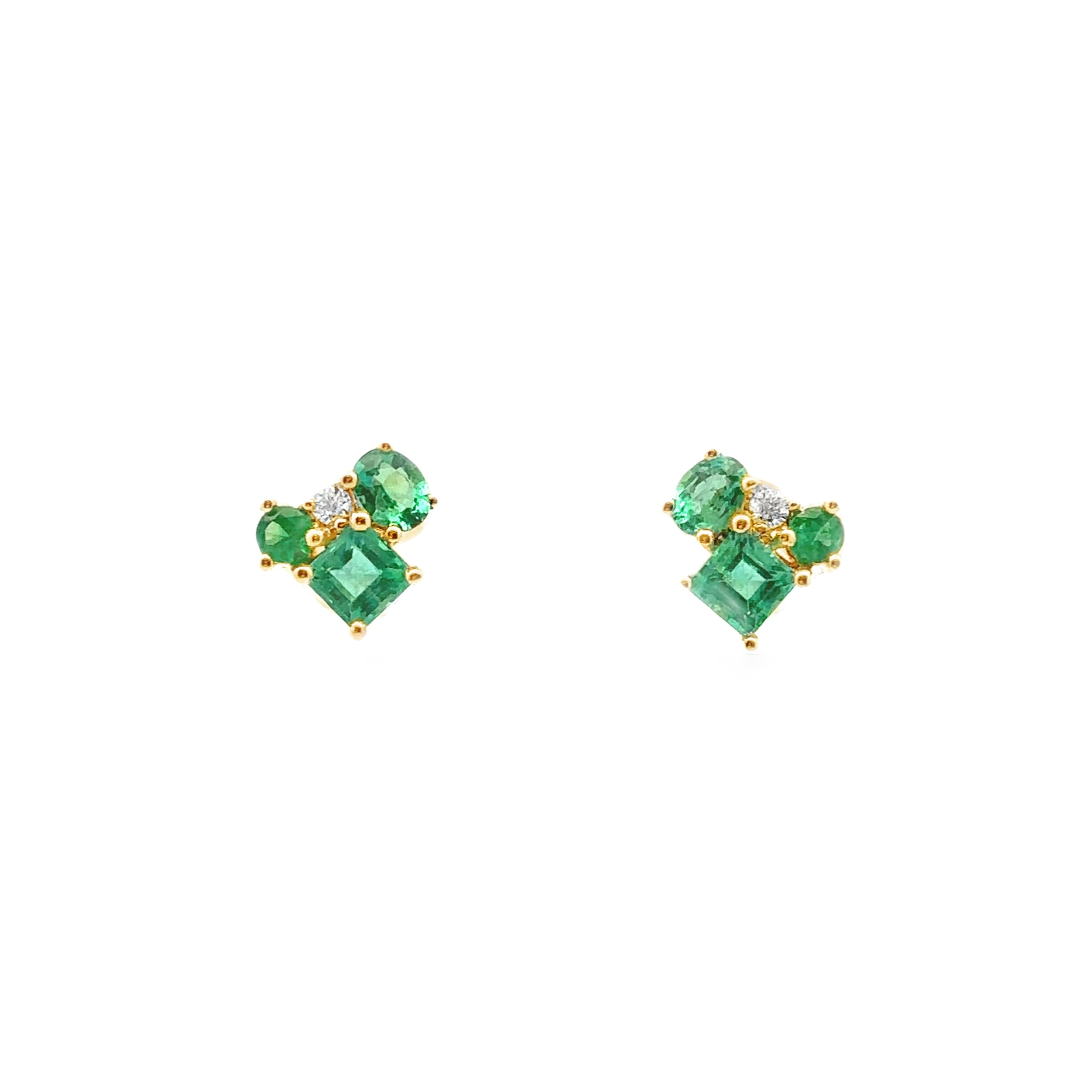 14K Yellow Gold 0.85CTW. Emerald & 0.045CTW. Diamond Cluster Stud Earrings