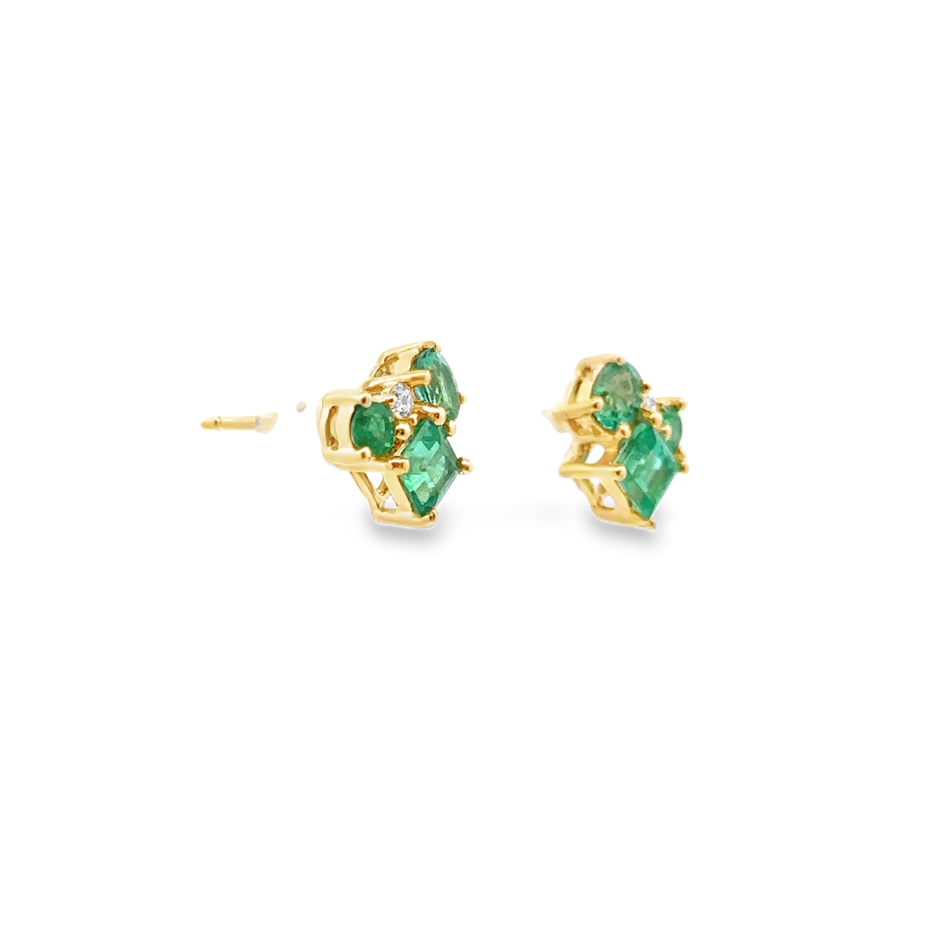14K Yellow Gold 0.85CTW. Emerald & 0.045CTW. Diamond Cluster Stud Earrings