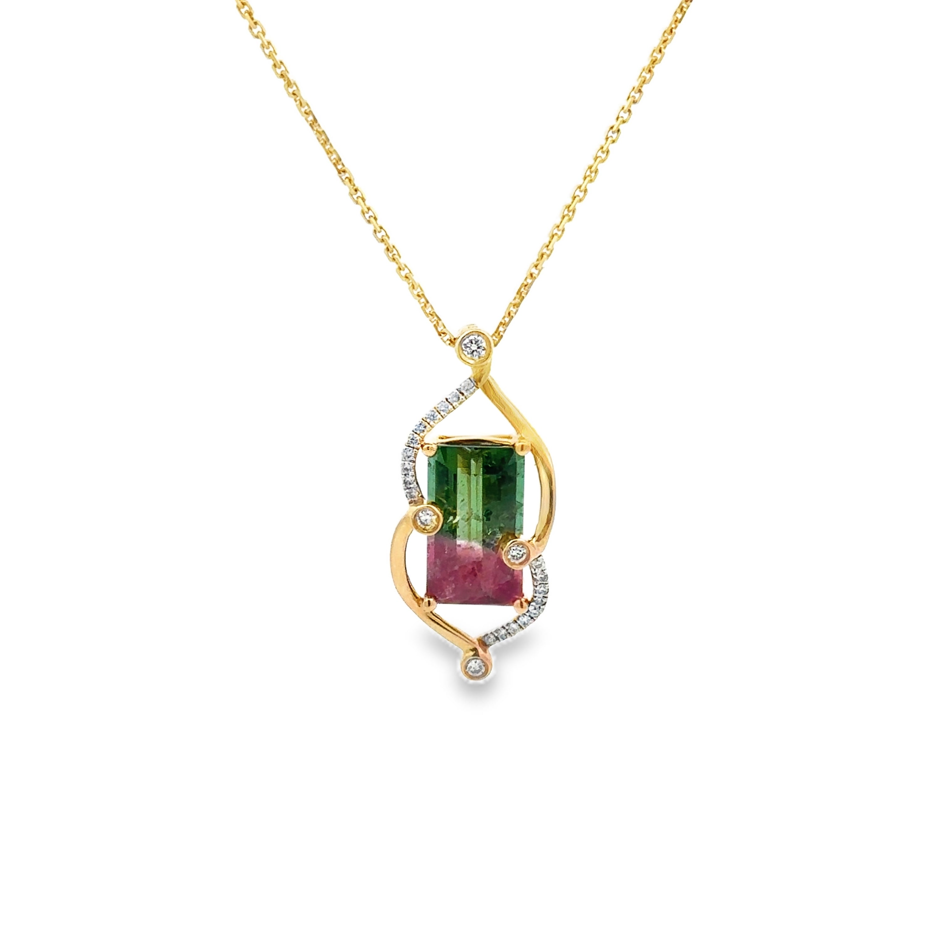 14K Yellow Gold 2.72CT. Watermelon Tourmaline and 0.14CTW. Diamond Pendant Necklace