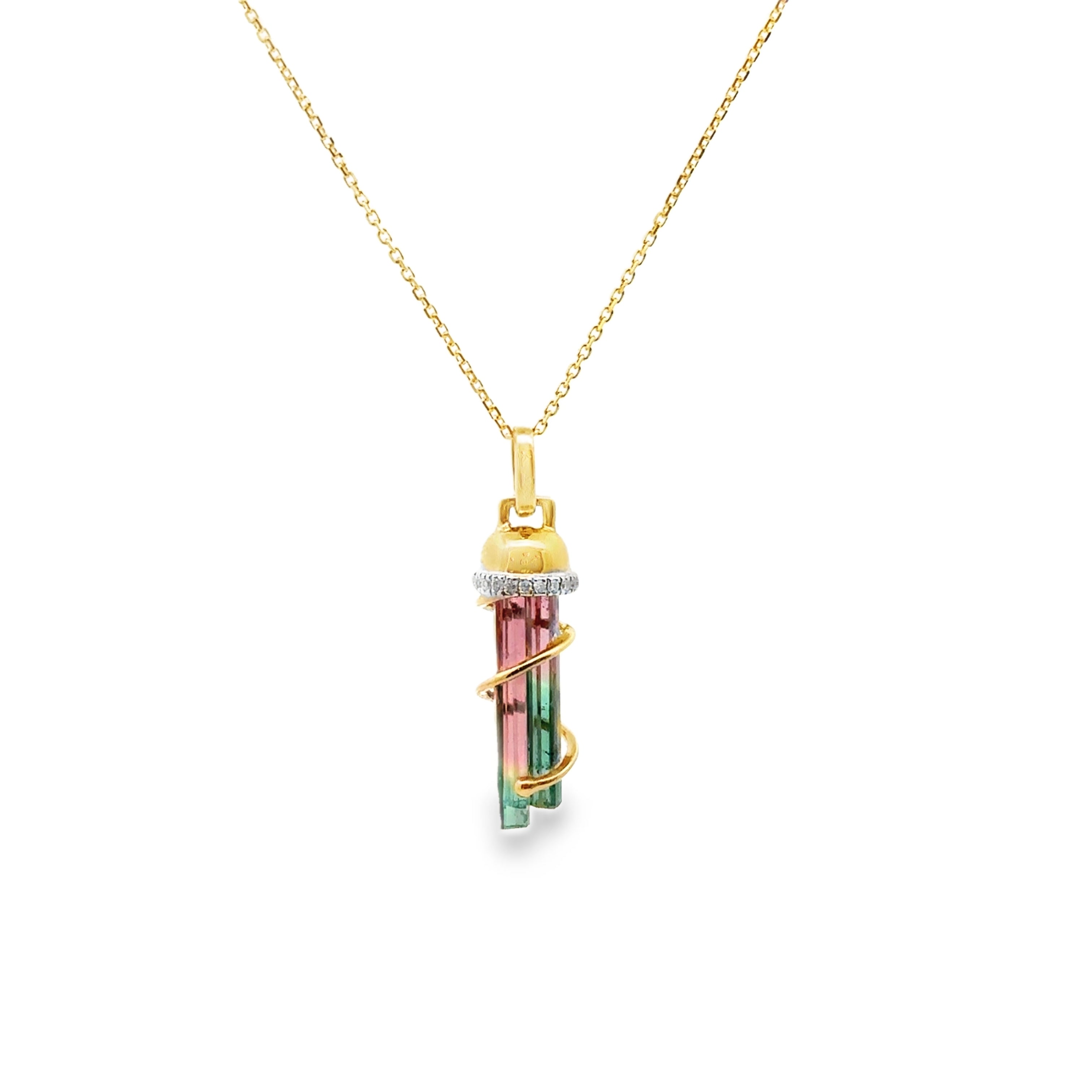 14K Yellow Gold 1.55CTW. Watermelon Tourmaline & 0.05CTW. Diamond Tornado Pendant Necklace