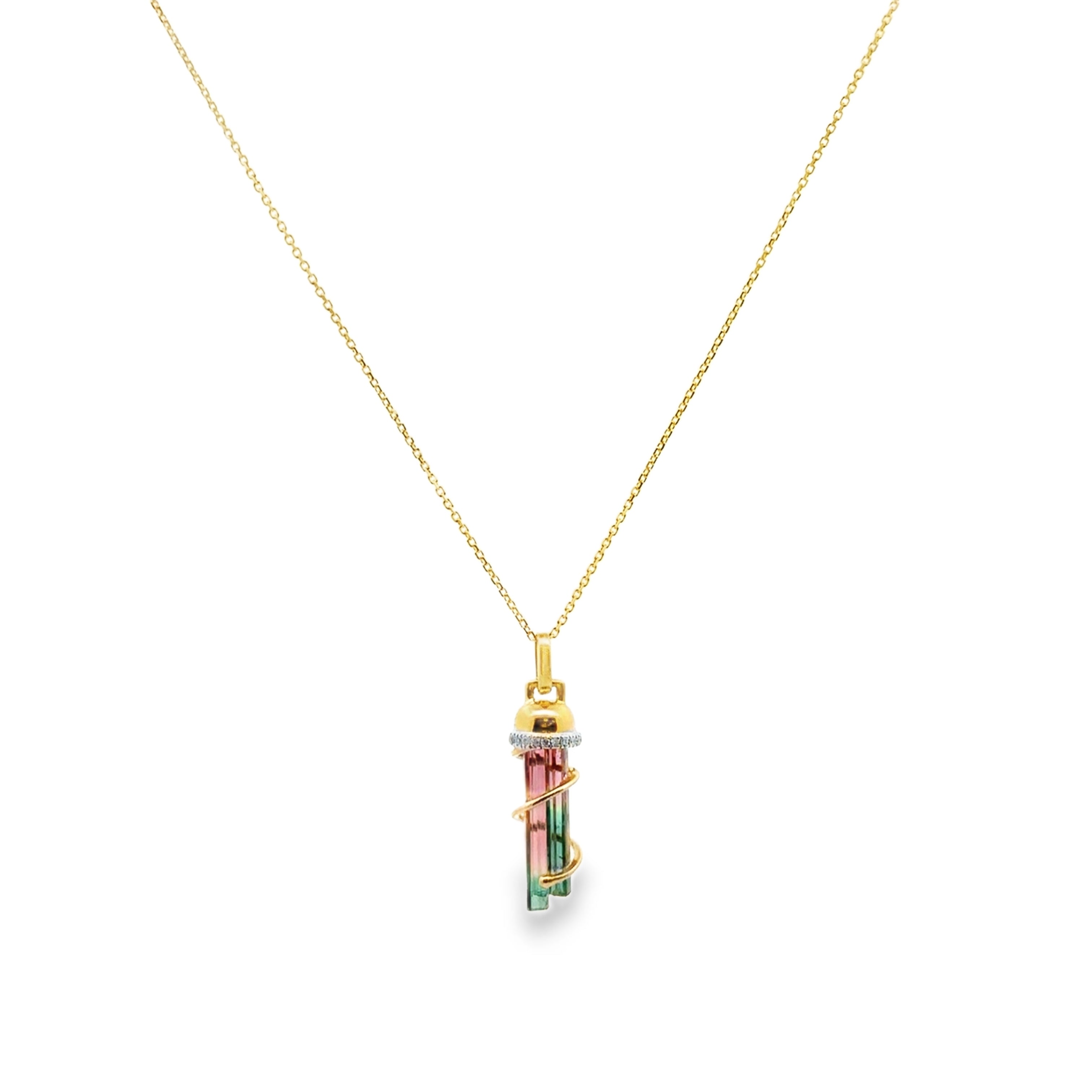 14K Yellow Gold 1.55CTW. Watermelon Tourmaline & 0.05CTW. Diamond Tornado Pendant Necklace