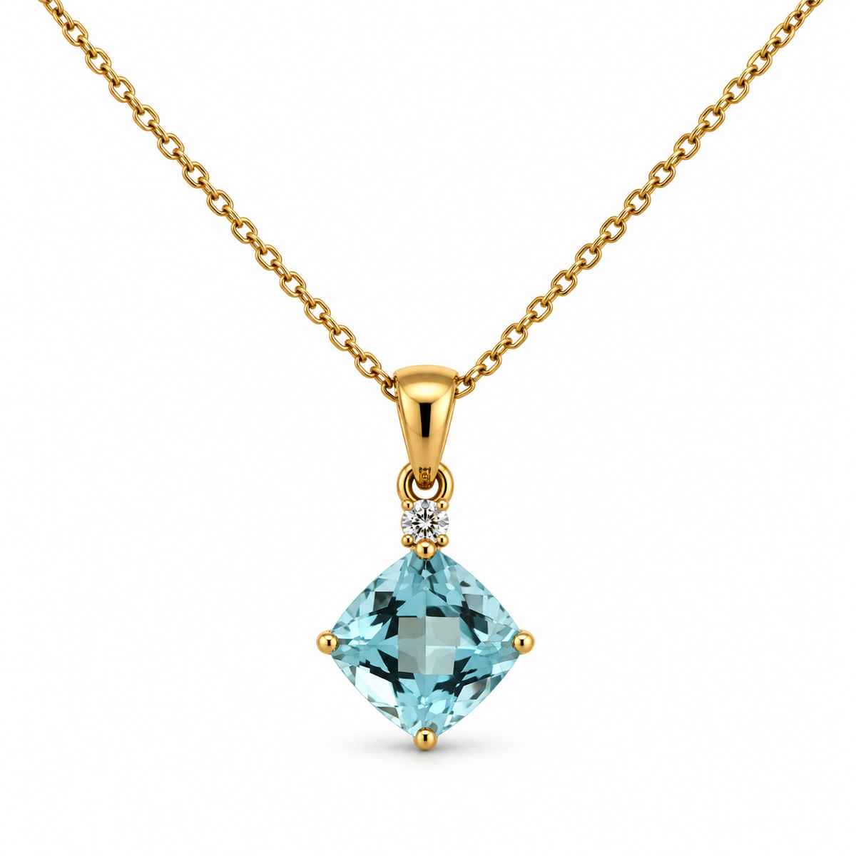 Front view of 14K yellow gold aquamarine and diamond pendant necklace with an 18-inch chain on a white background