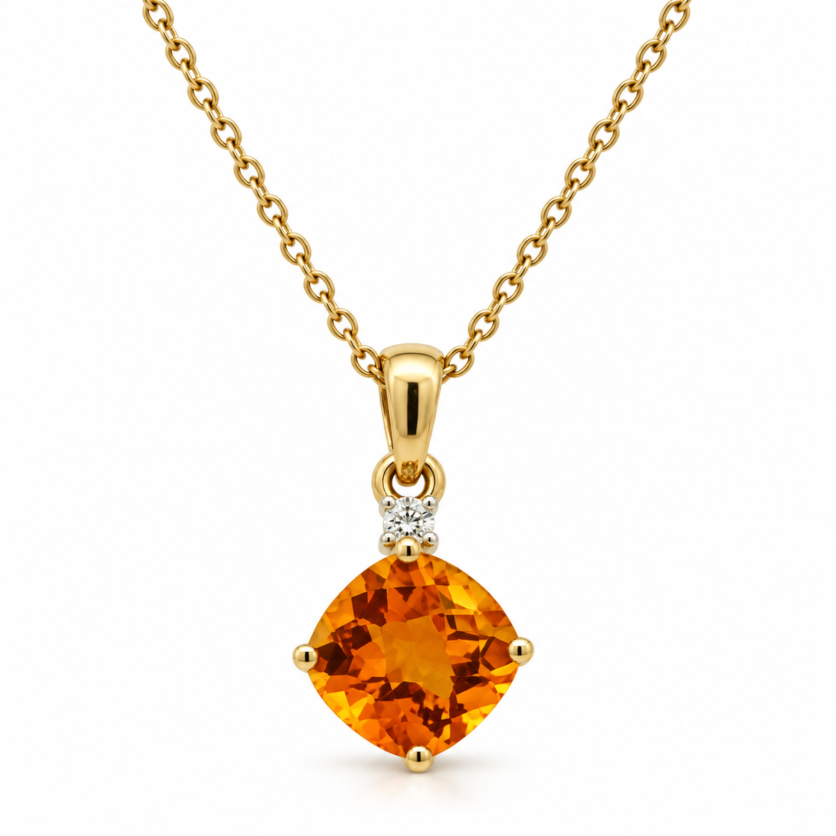 Front view of 14K yellow gold 1.00CT. citrine and 0.01CT. diamond pendant necklace.