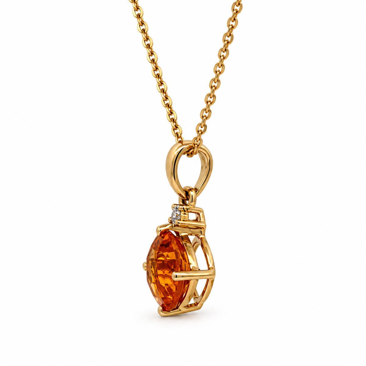 Side view of 14K yellow gold 1.00CT. citrine and 0.01CT. diamond pendant necklace.