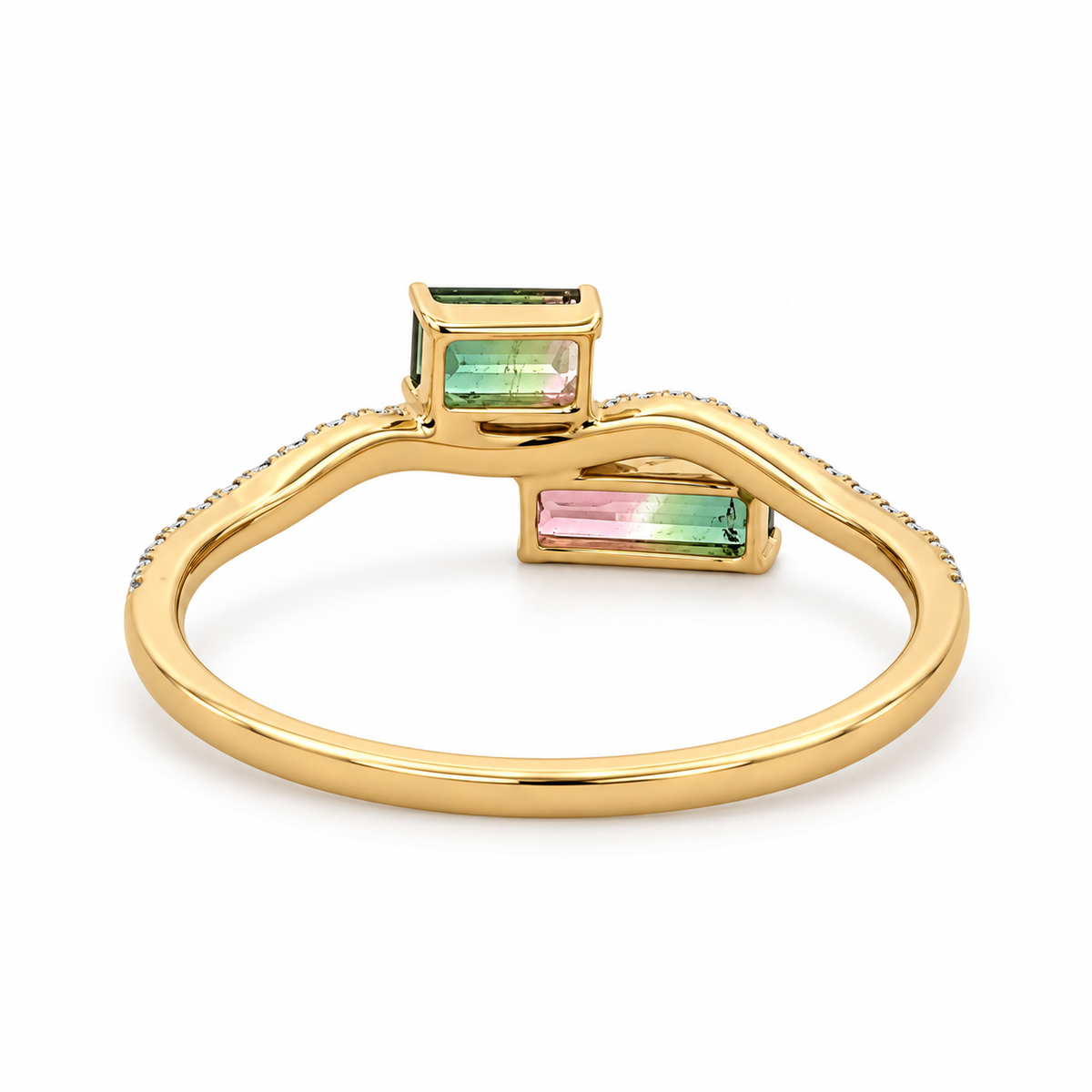 Back view of a 14K yellow gold two-stone watermelon tourmaline ring showing open gemstone settings and the polished gold band