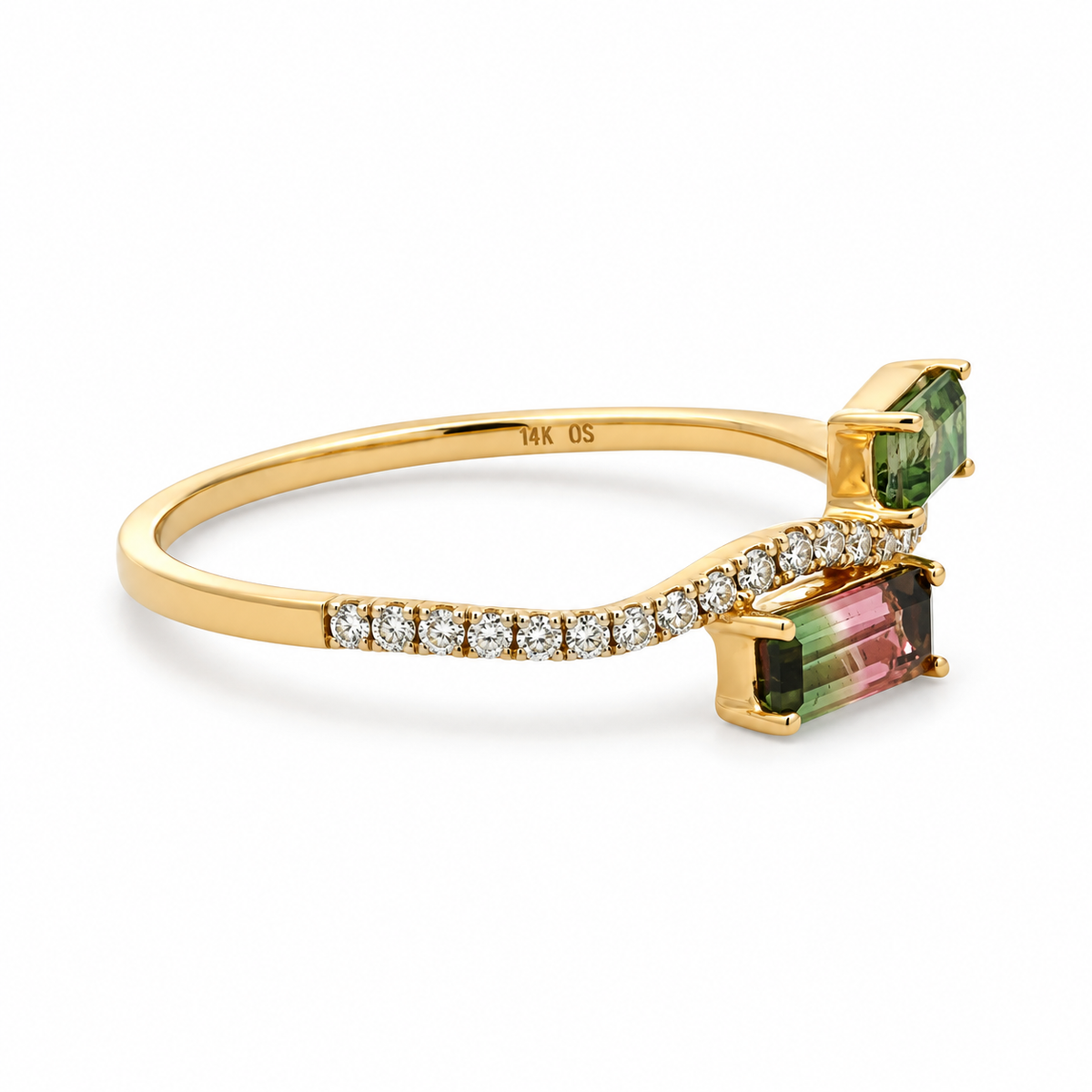 Side view of a 14K yellow gold watermelon tourmaline ring showing two offset rectangular gemstones, prong settings and diamond accents