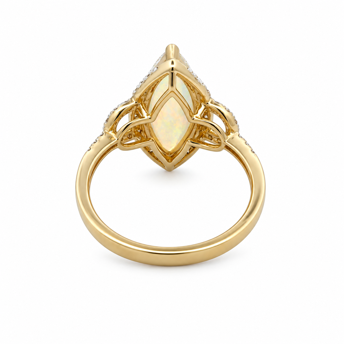 Back view of Standout Design SDR1428 opal and diamond ring showing the open yellow gold gallery and polished band.