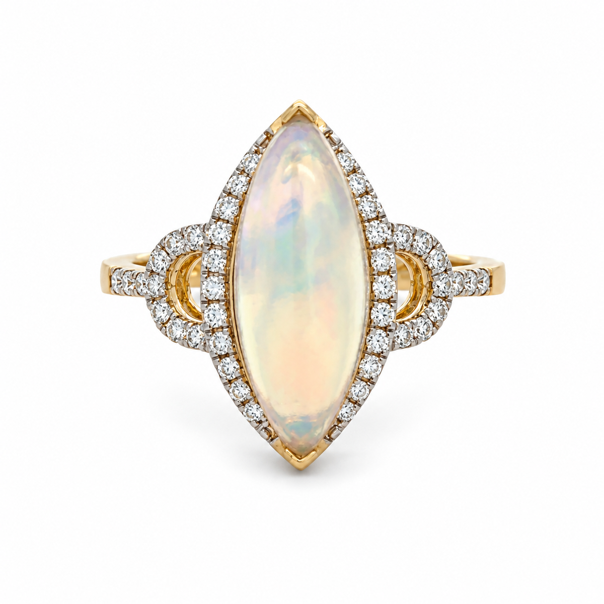 Front view of Standout Design SDR1428 14K yellow gold ring with a marquise opal, diamond halo and diamond-set openwork shoulders.