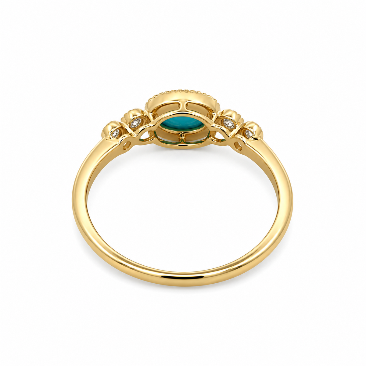Back view of a 14K yellow gold turquoise and diamond ring showing the open gallery and polished gold band.