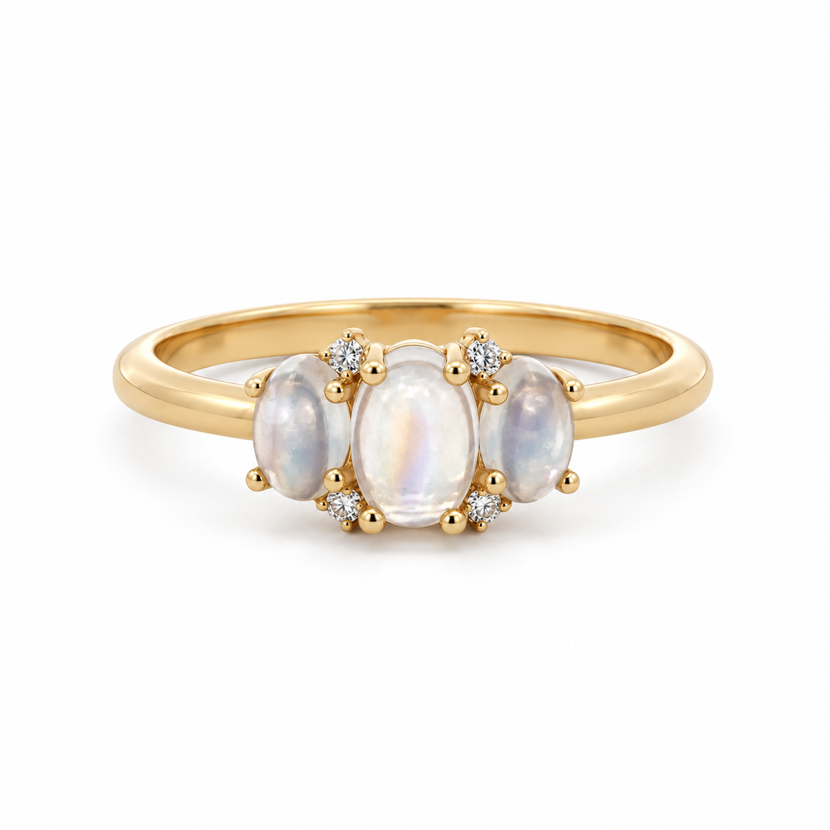 Front view of a 14K yellow gold ring with three oval moonstone cabochons and four small diamond accents.