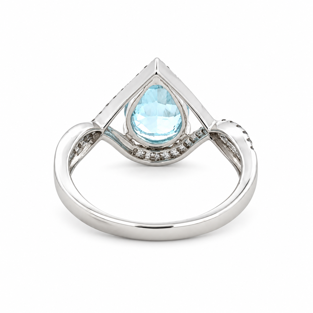 Back view of a 14K white gold aquamarine ring showing the open geometric gallery beneath the pear-shaped gemstone and polished band.