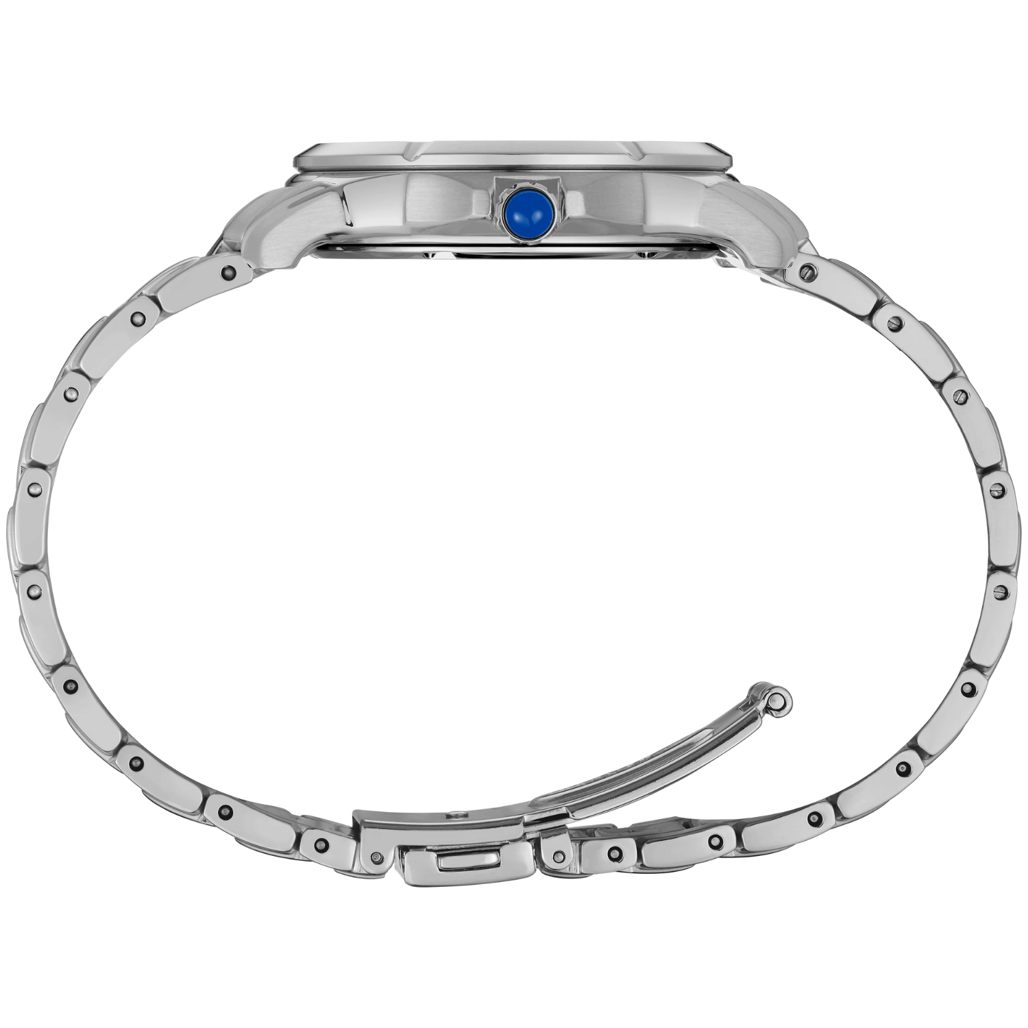 Silver watch case with a blue gemstone on a white background