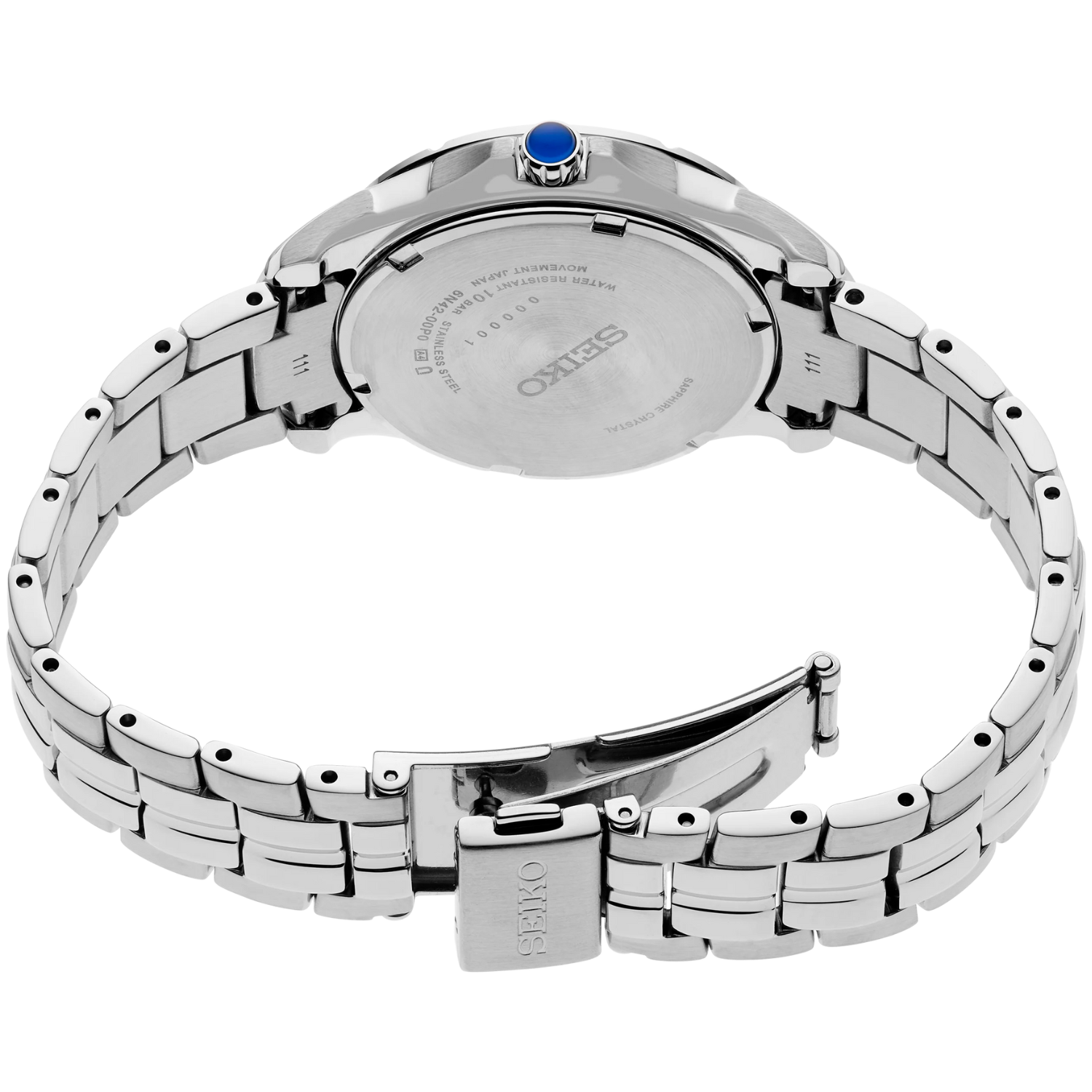Silver watch with a blue gemstone on a white background