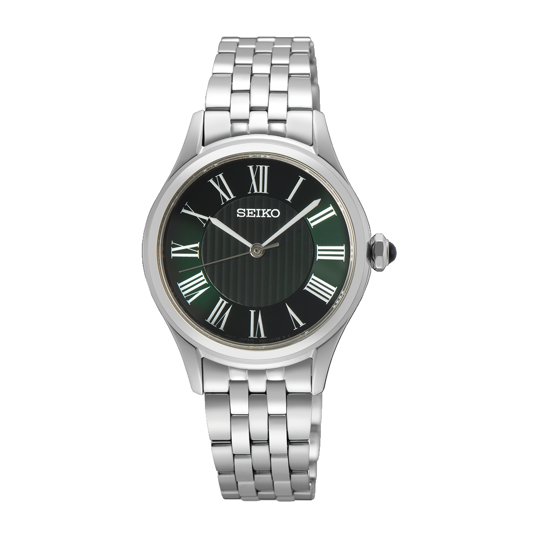 SEIKO SUR611 women's stainless steel quartz watch with a green patterned Roman numeral dial, silver-tone hands and five-row bracelet.