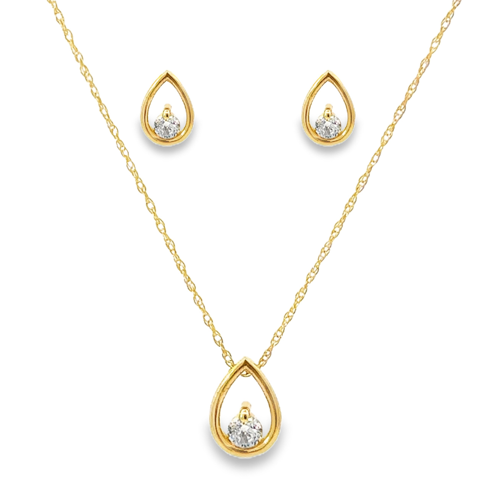 14K Yellow Gold 1/10CT. Diamond Open Raindrop Pendant & 1/10CTW. Stud Earring Set