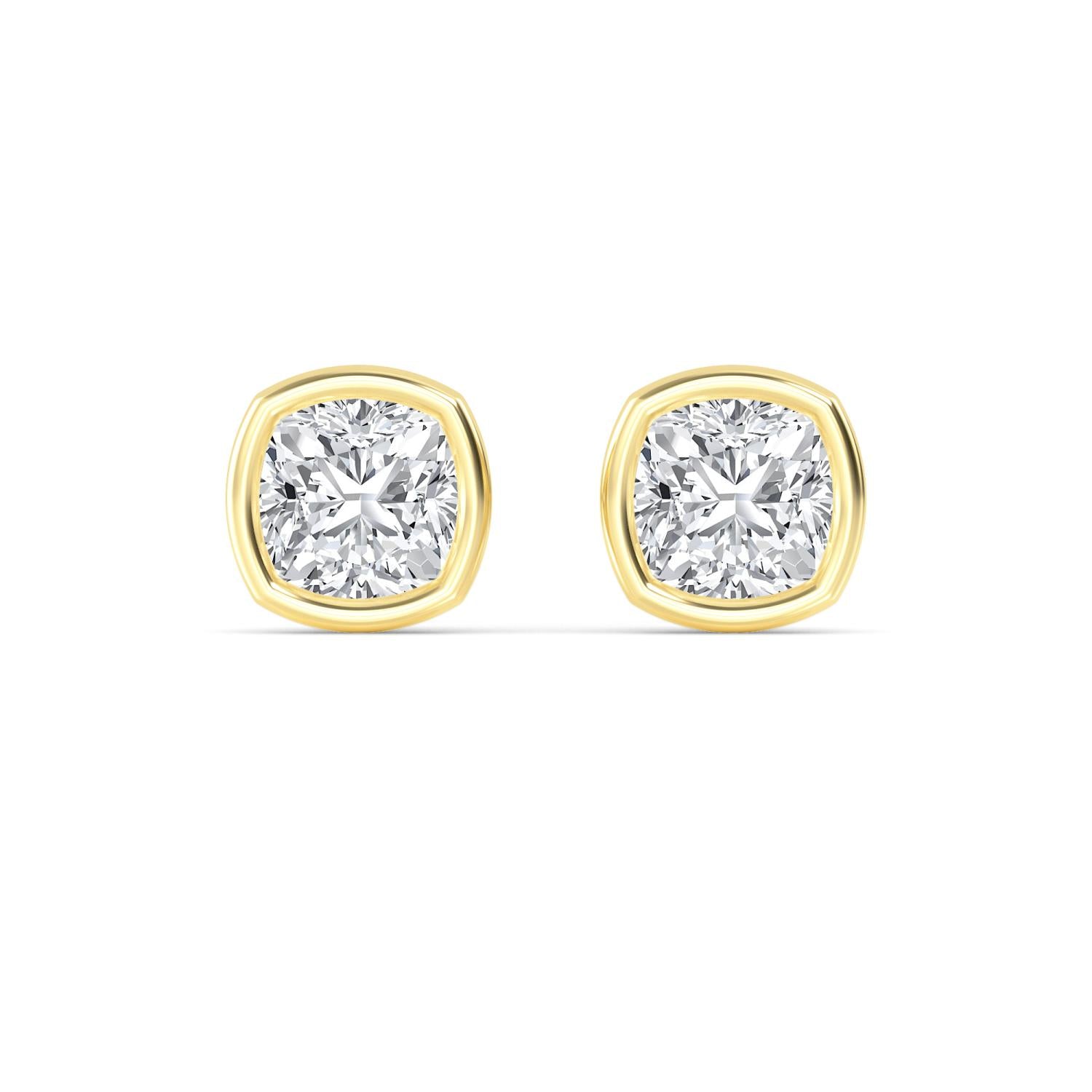 14K Yellow Gold 2.02CTW. Cushion-Cut Lab-Grown Diamond Bezel-Set Stud Earrings