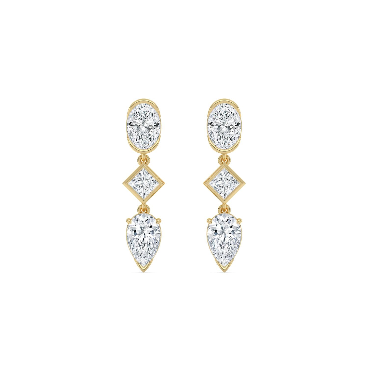 14K Yellow Gold 3.46CTW. Lab-Grown Diamond Oval, Princess-Cut, and Pear 3-Stone Dangle Stud Earrings