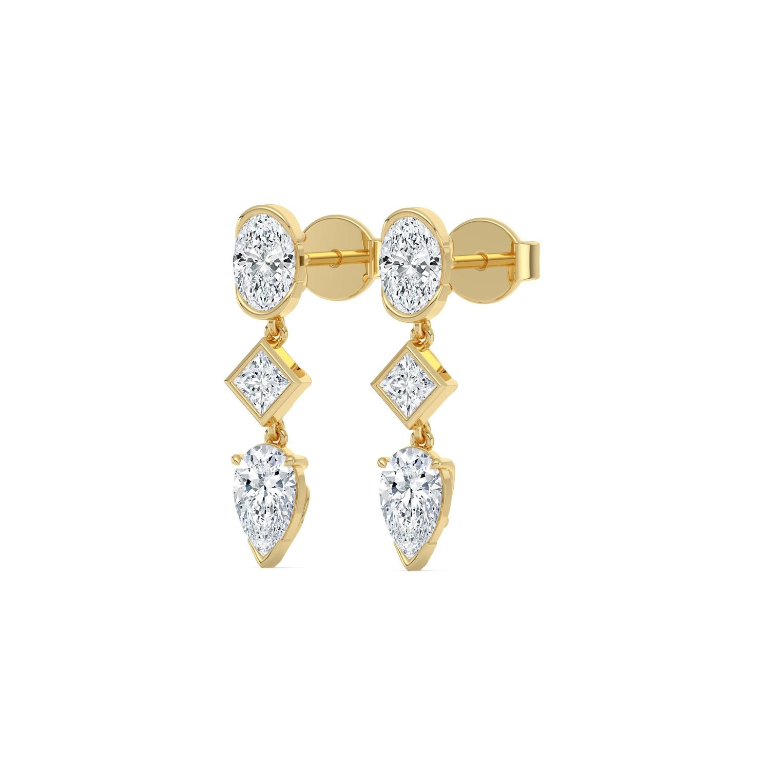 14K Yellow Gold 3.46CTW. Lab-Grown Diamond Oval, Princess-Cut, and Pear 3-Stone Dangle Stud Earrings