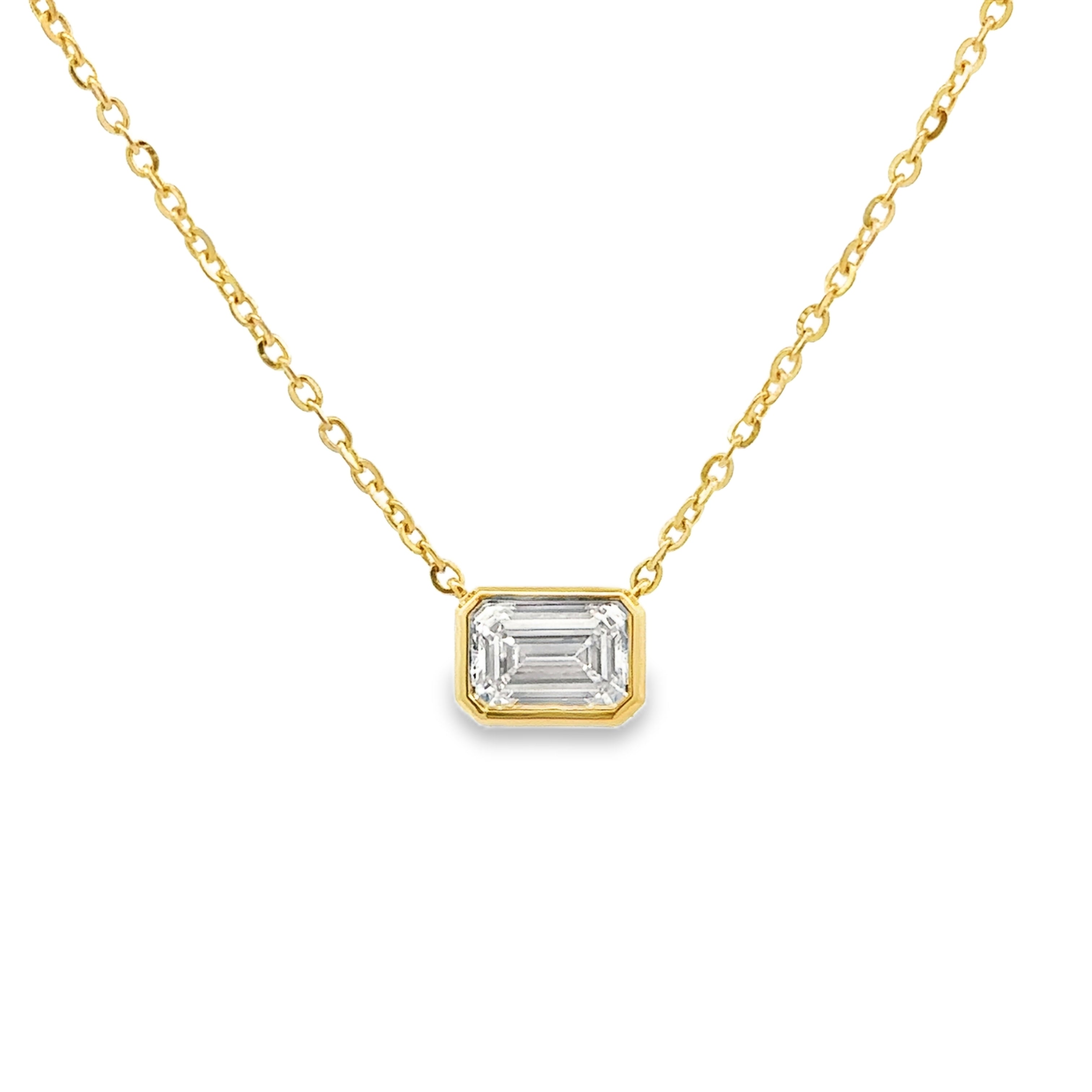 14K Yellow Gold Certified 1.06CT. Emerald-Cut Lab-Grown Diamond Bezel-Set Pendant Necklace