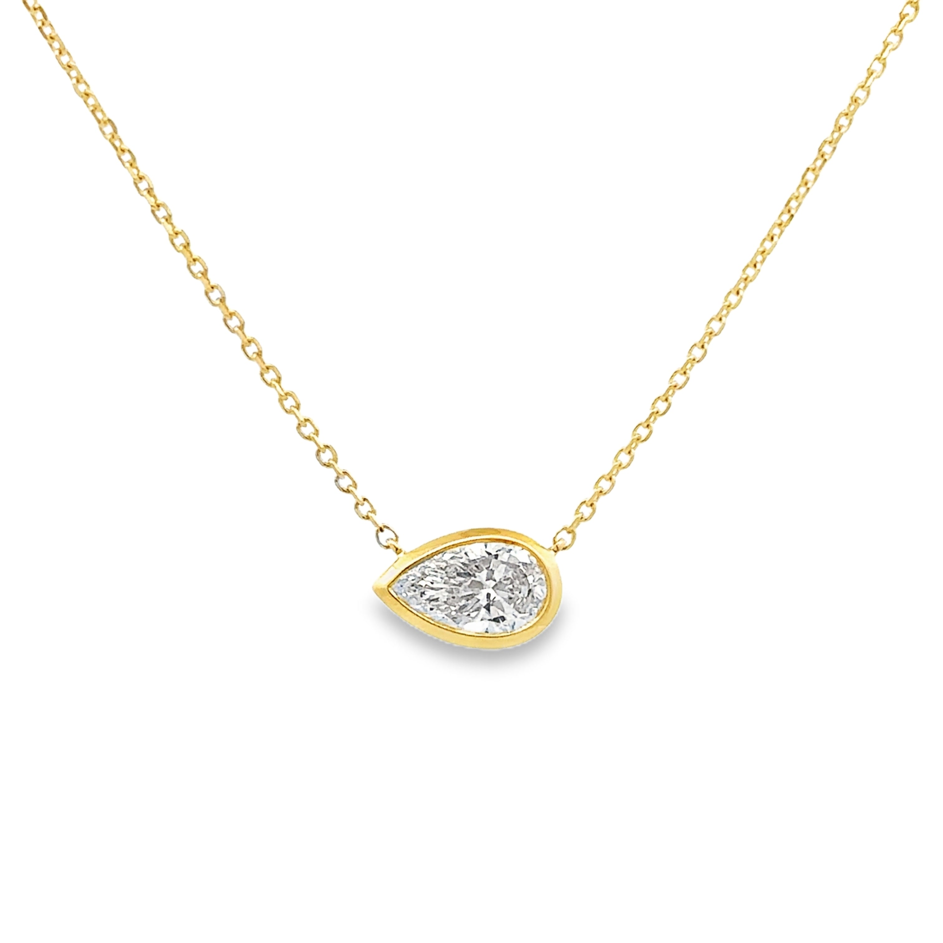 14K Yellow Gold Certified 1.00CT. Pear-Cut Lab-Grown Diamond Bezel-Set Pendant Necklace