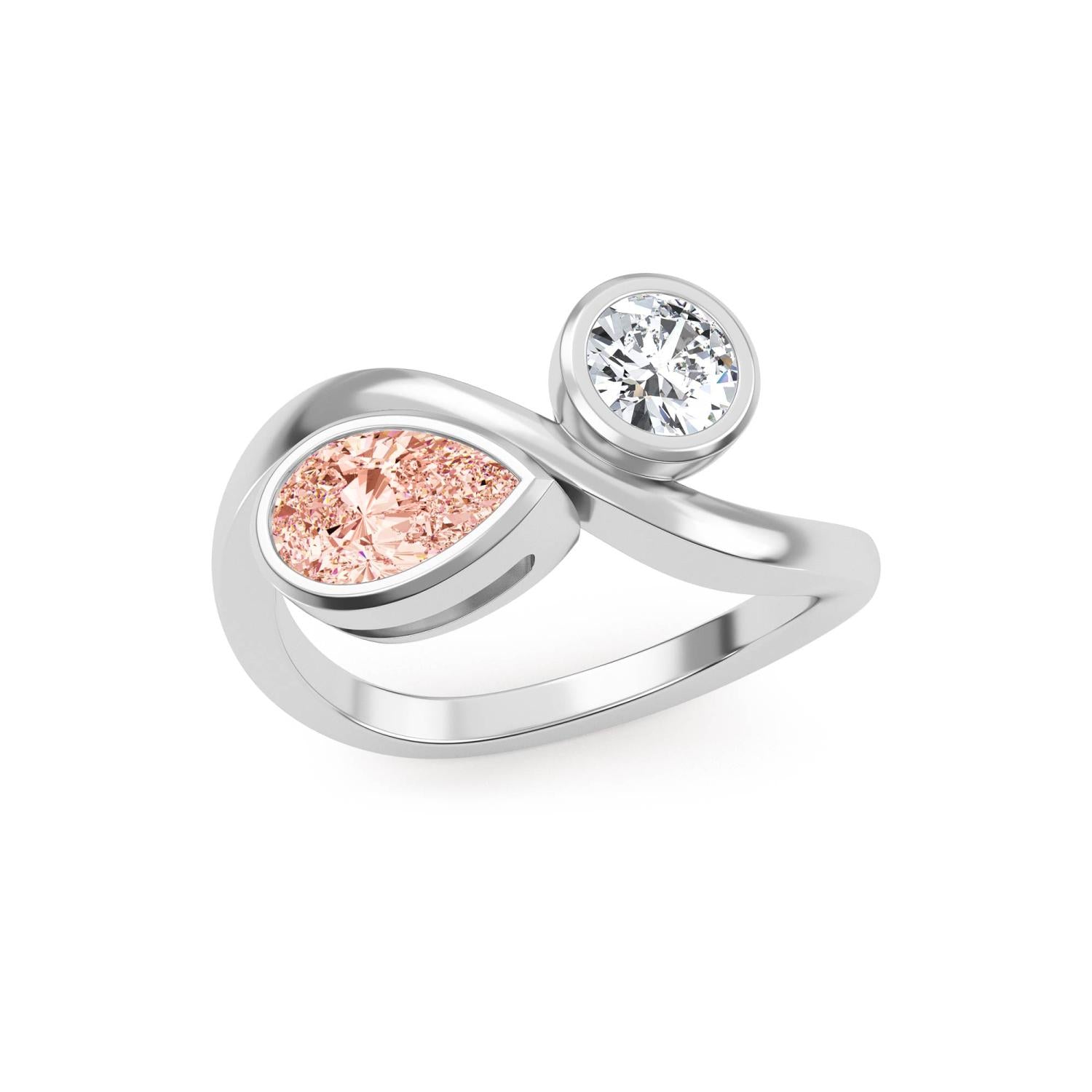 14K White Gold 1.66CTW. Lab-Grown Diamond Round and Pink Pear Two-Stone Ring