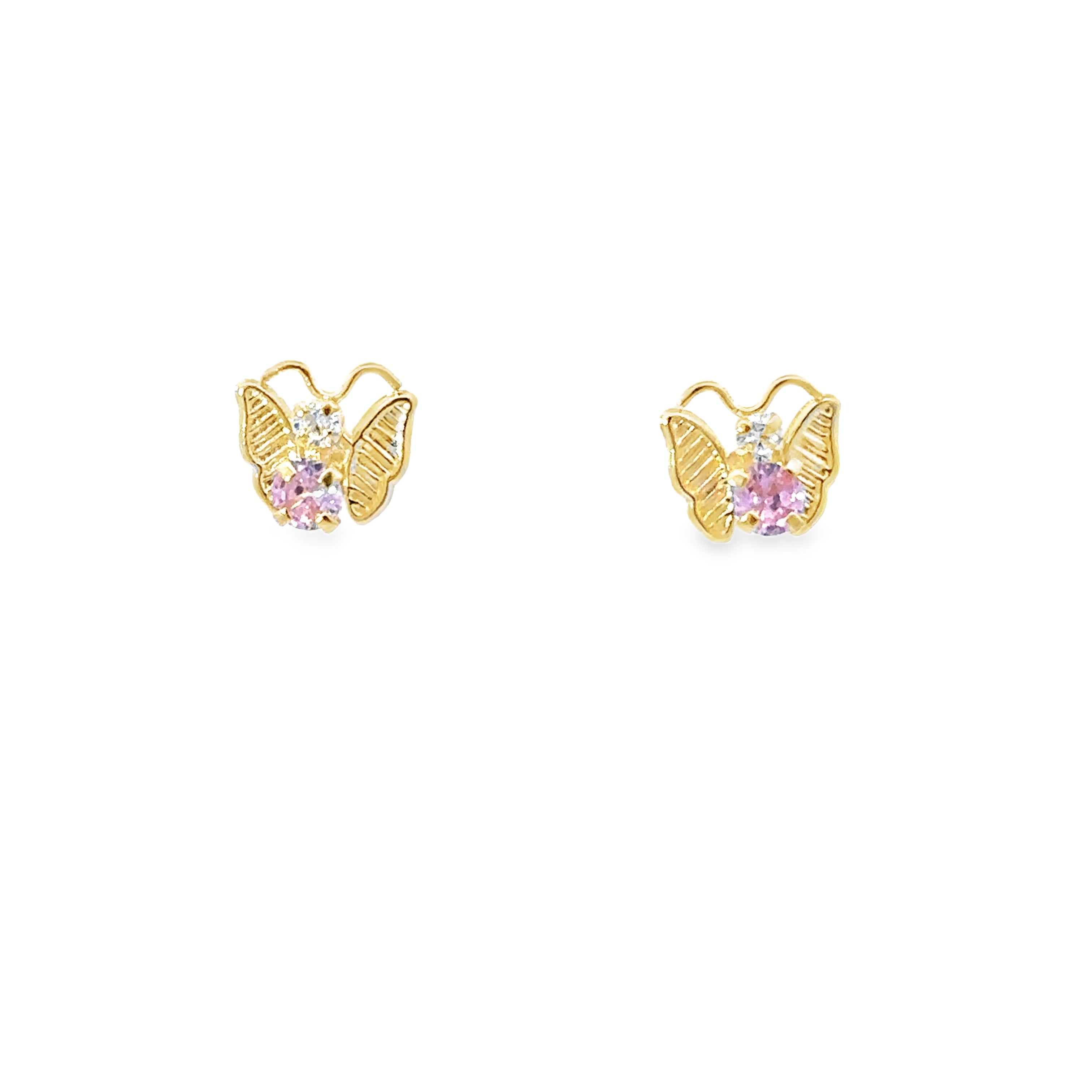 14K Yellow Gold Butterfly Stud Earrings with Pink and White CZ