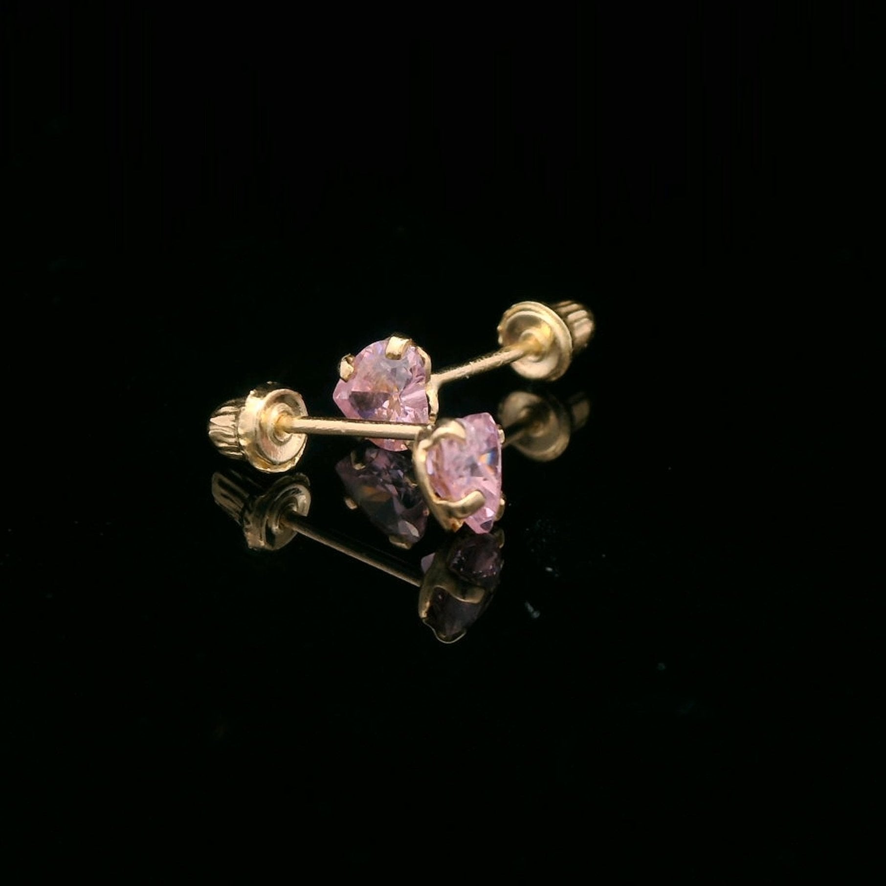 14K Yellow Gold Pink CZ Mini Heart Stud Earrings