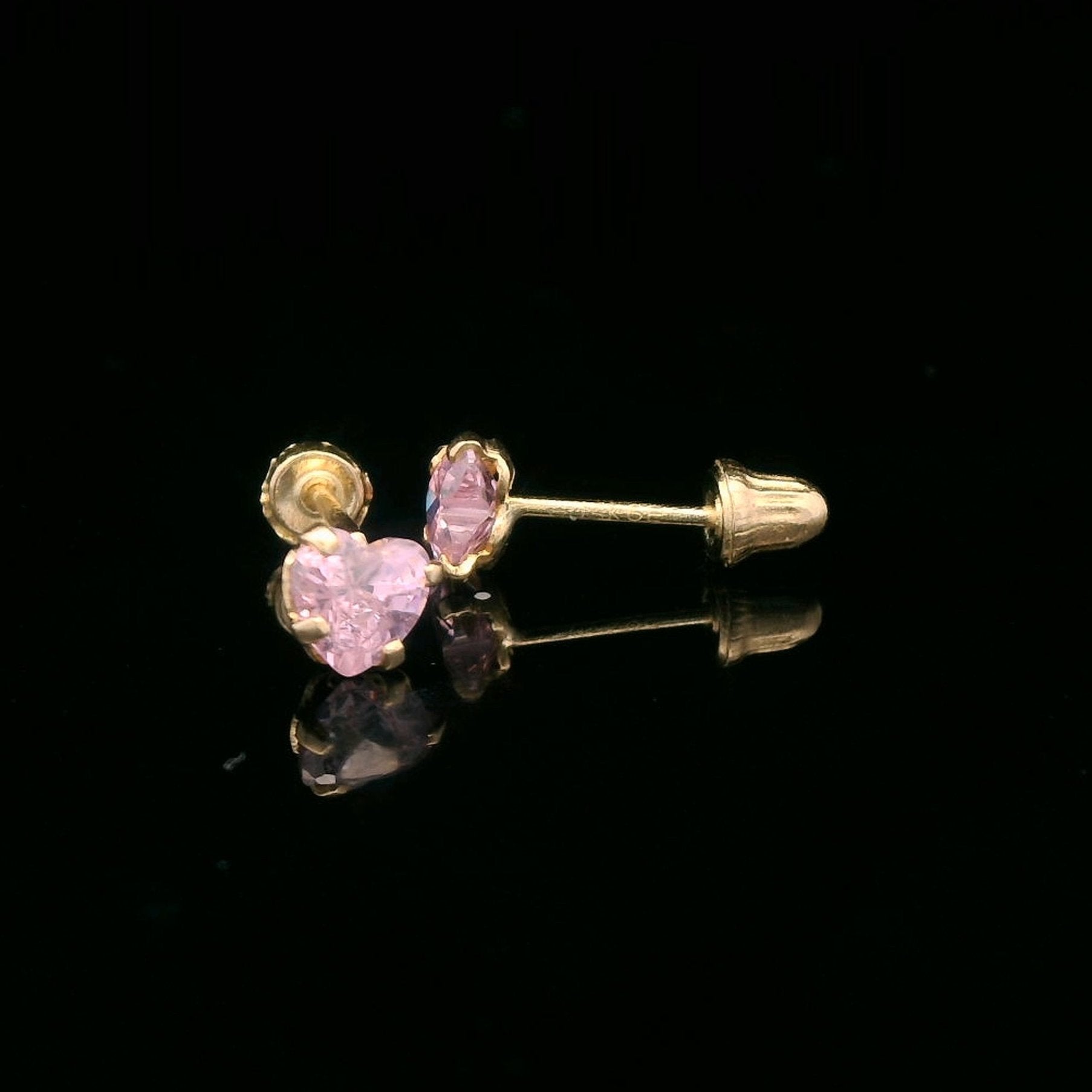 14K Yellow Gold Pink CZ Mini Heart Stud Earrings