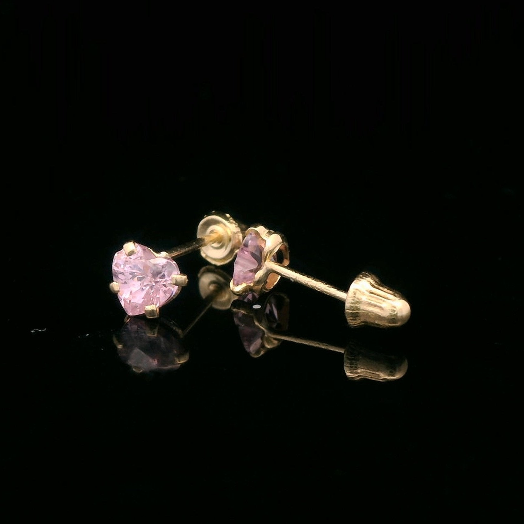 14K Yellow Gold Pink CZ Mini Heart Stud Earrings