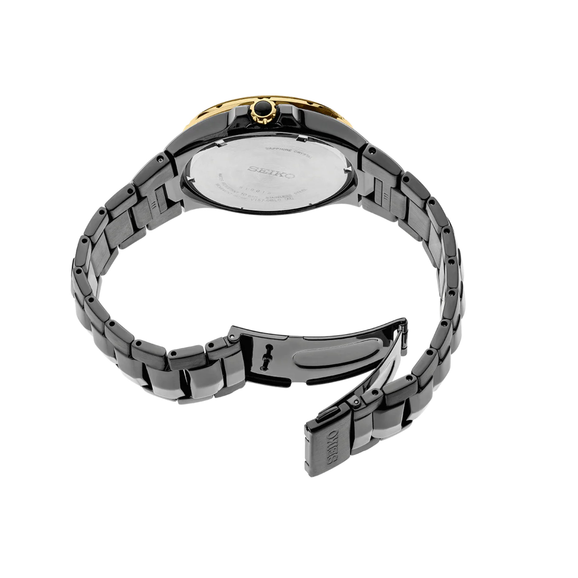 Seiko watch with black metal band on a white background