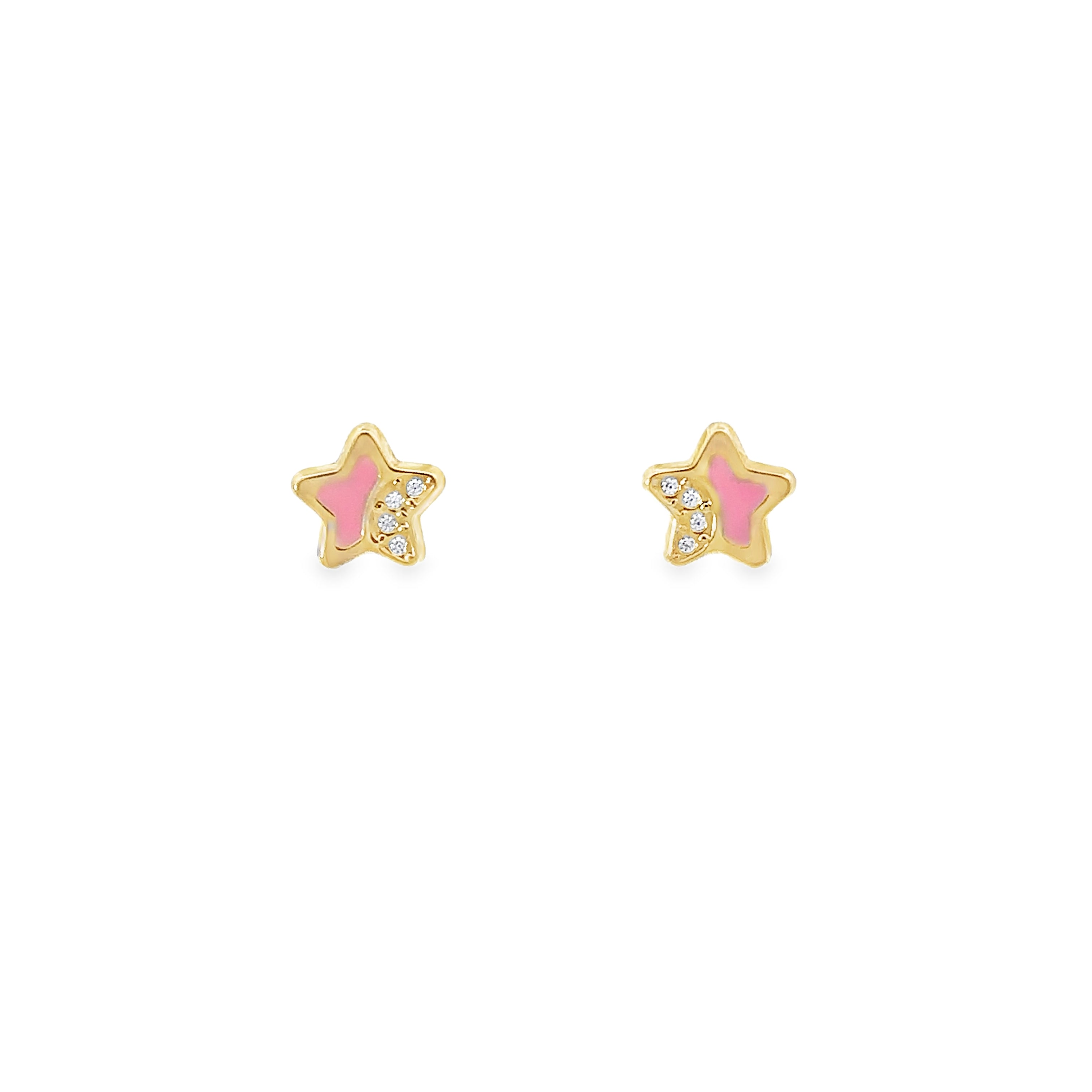 14K Yellow Gold Pink Star Stud Earrings