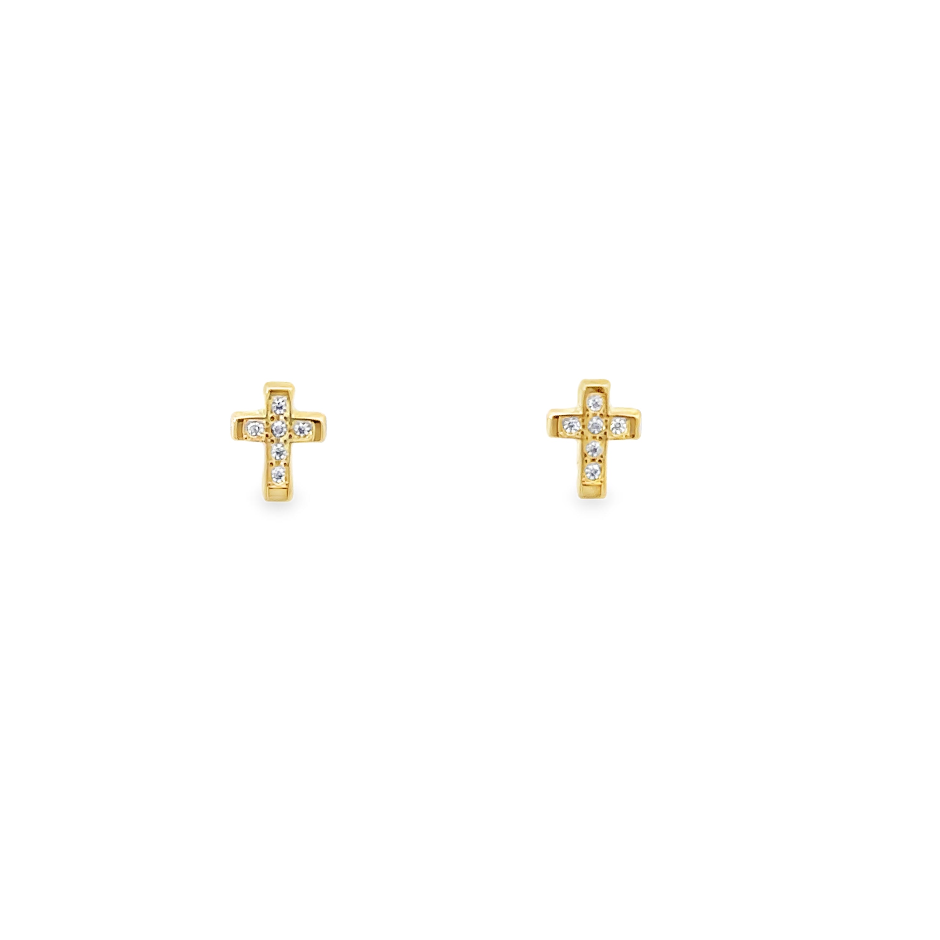 14K Yellow Gold Cross Stud Earrings With CZ