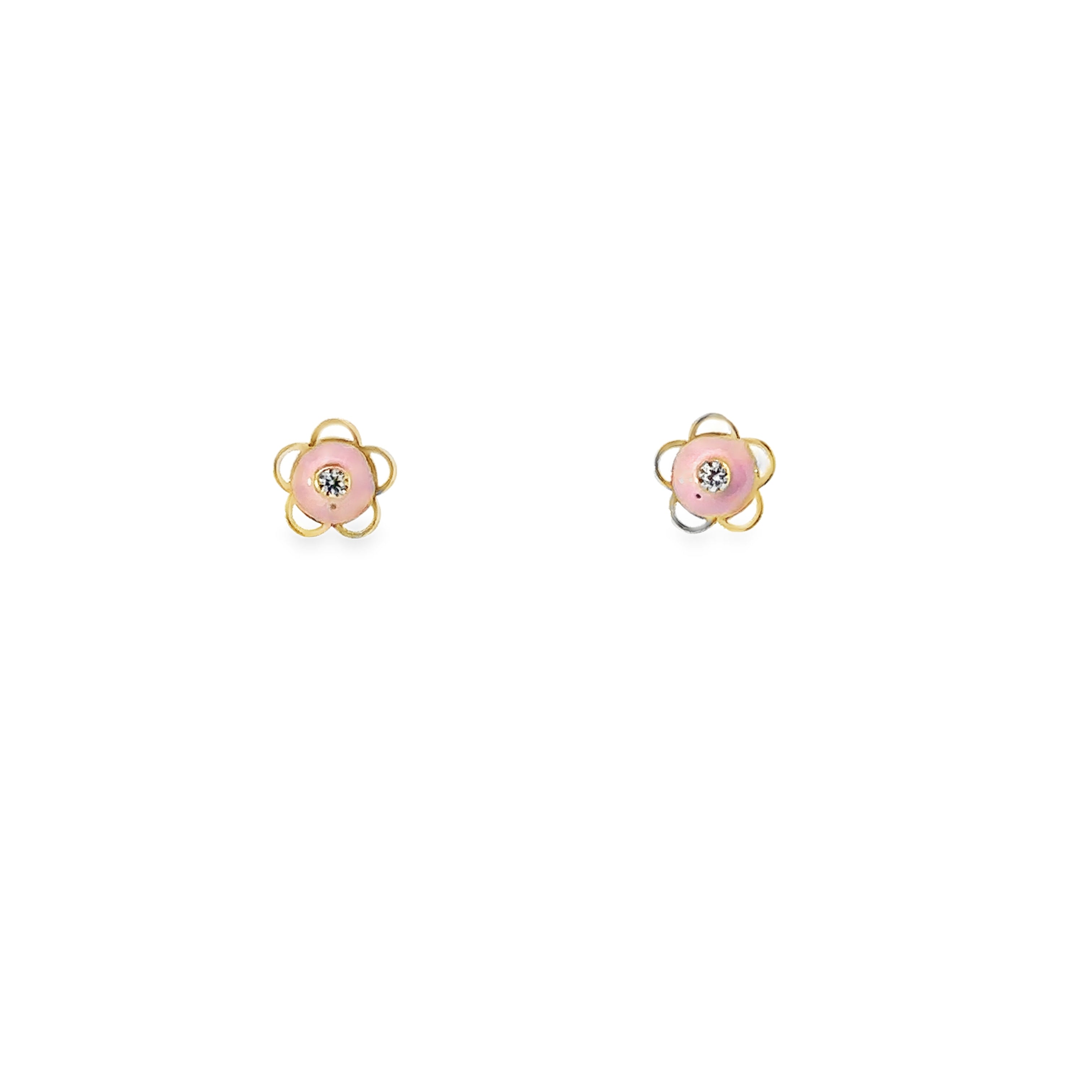 14K Yellow Gold Pink Flower Stud Earrings With White CZ