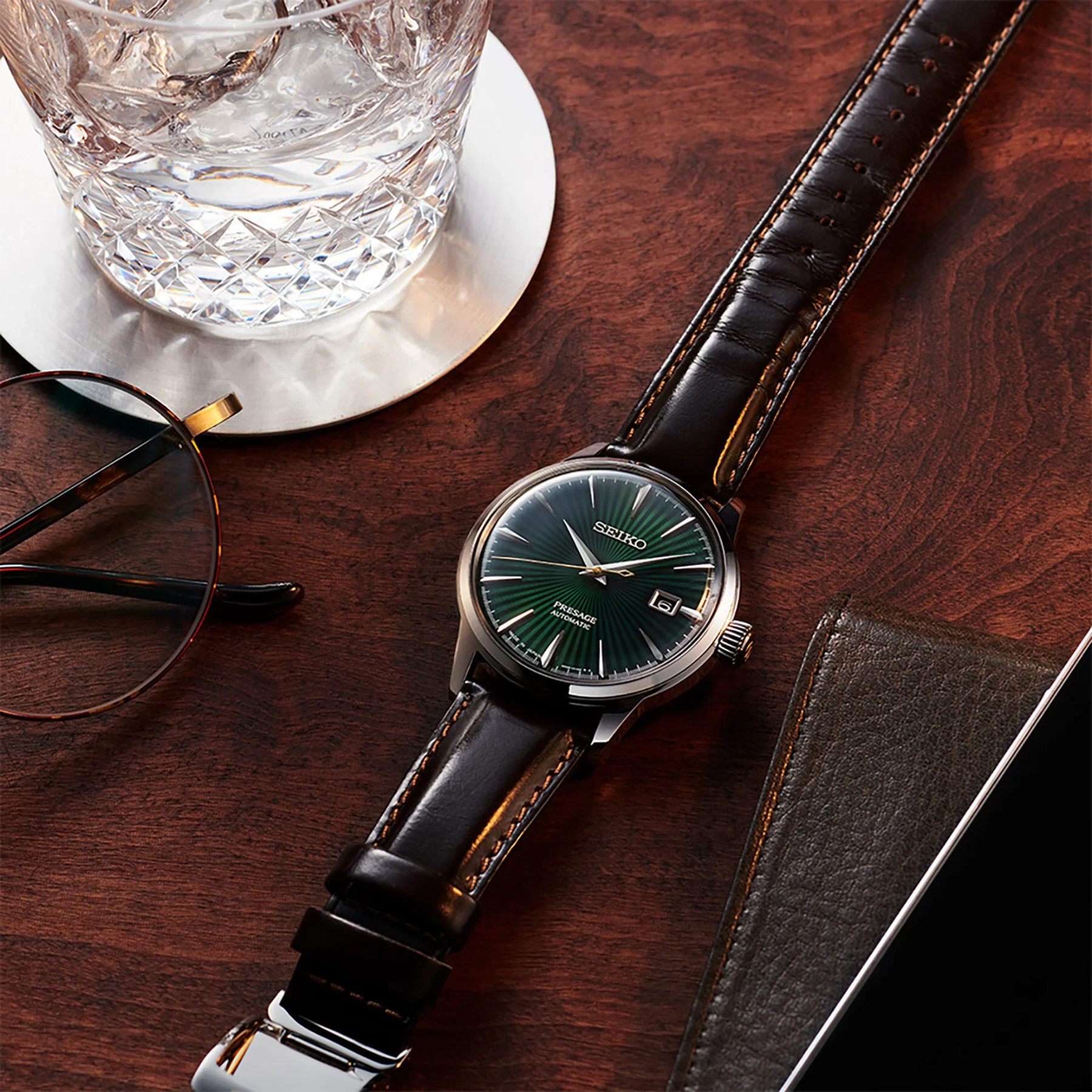 SEIKO Presage Automatic Green Dial Watch with Leather Strap
