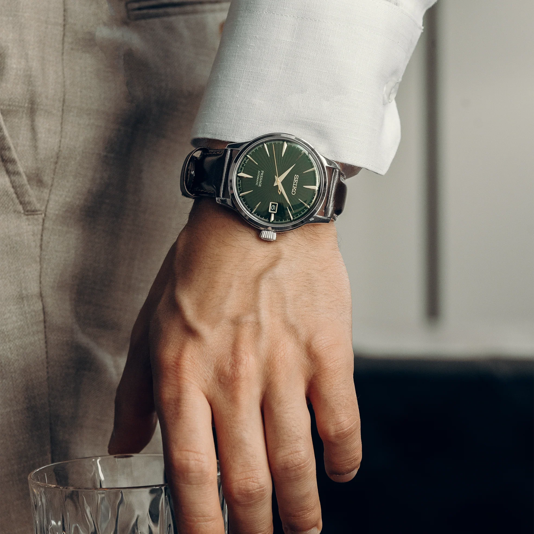 SEIKO Presage Automatic Green Dial Watch with Leather Strap