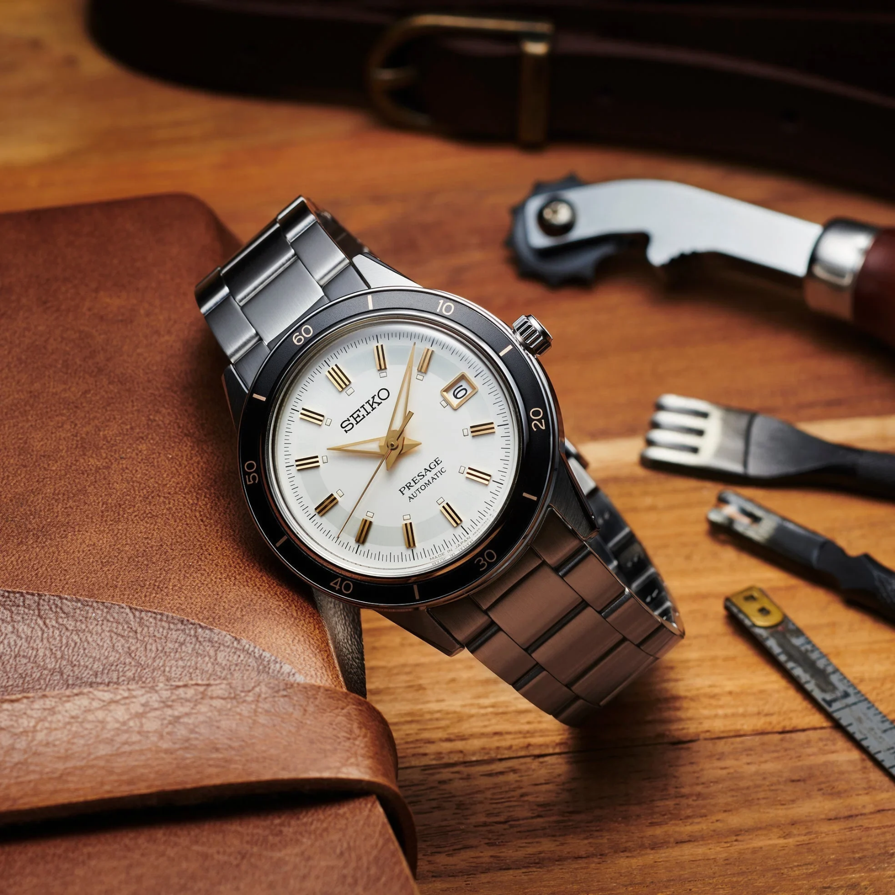SEIKO Presage Automatic Ivory Dial Watch with Leather Strap