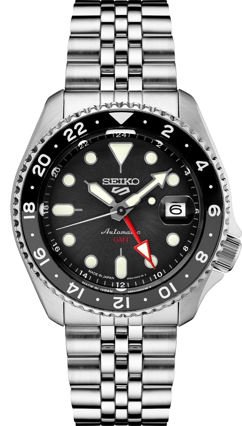 SEIKO MEN'S 5 SPORTS Automatic Black-Dial & Red Accented GMT Watch
