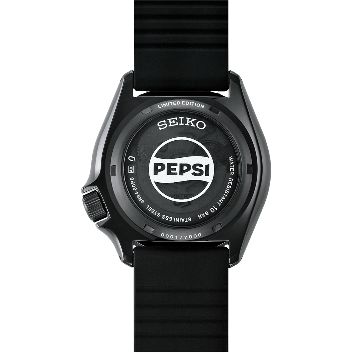 A Seiko x Pepsi limited edition watch featuring a black case and a matching black textured strap, with the Pepsi logo prominently displayed on the back of the case.