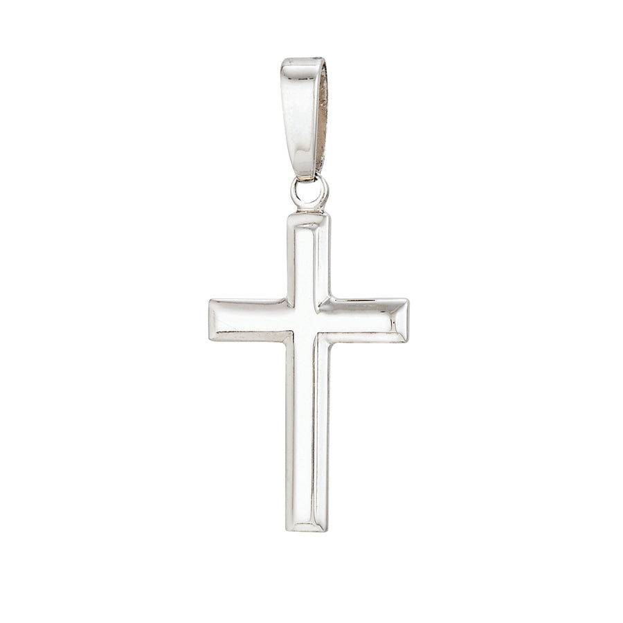 Front View Sterling Silver Rhodium Plated Polished Beveled Edge Cross Pendant