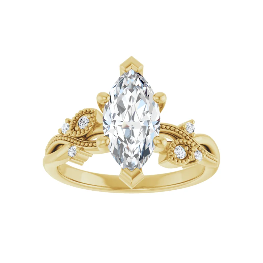 The "Fiona" — 14K Yellow Gold Certified 1.60CTW. Marquise-Cut Lab-Grown Diamond Accented Nature-Inspired Engagement Ring
