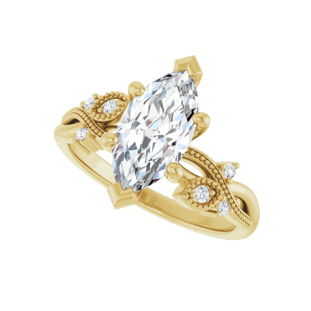 The "Fiona" — 14K Yellow Gold Certified 1.60CTW. Marquise-Cut Lab-Grown Diamond Accented Nature-Inspired Engagement Ring